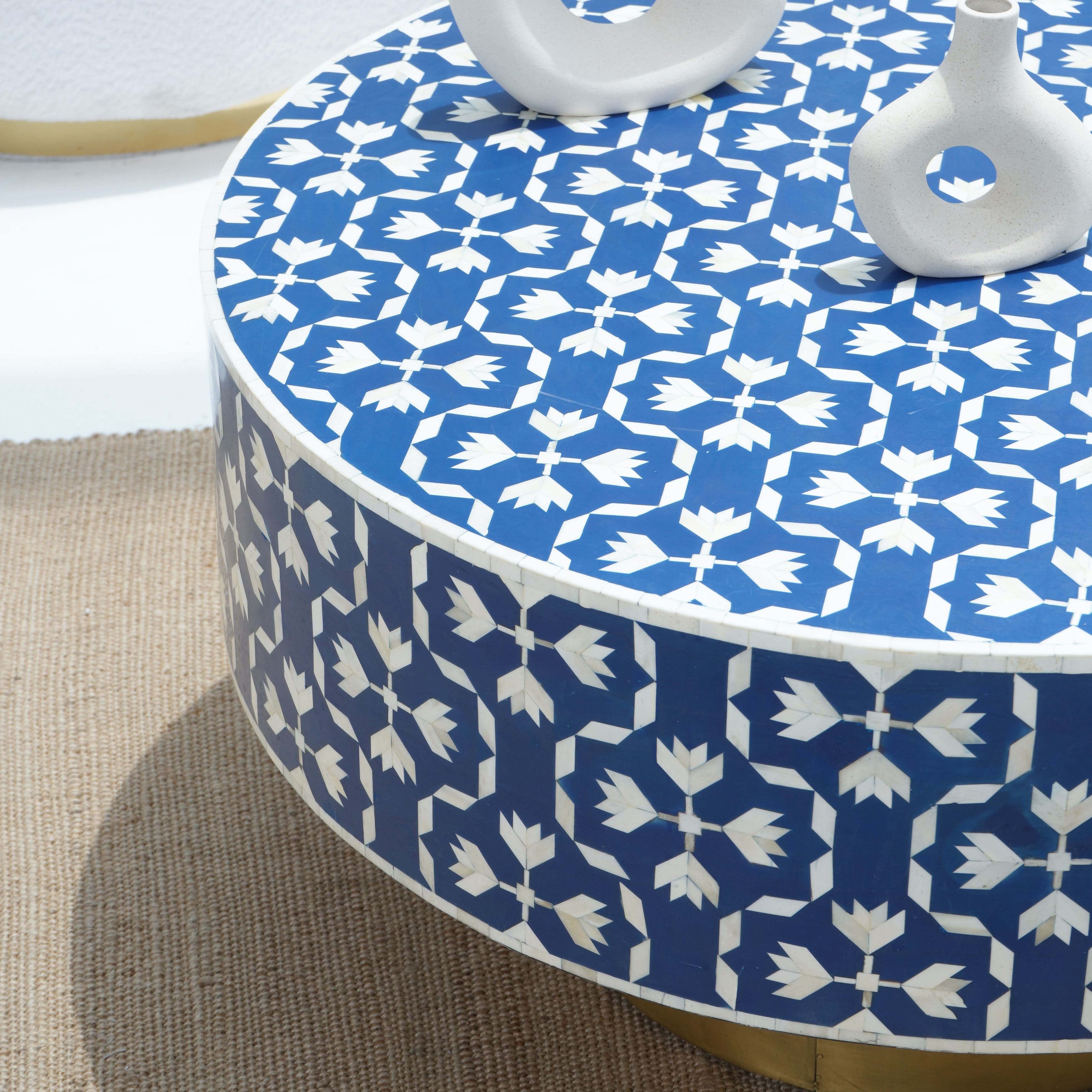 AURELIA BLUE INLAY ROUND COFFEE TABLE - Art and craft furniture