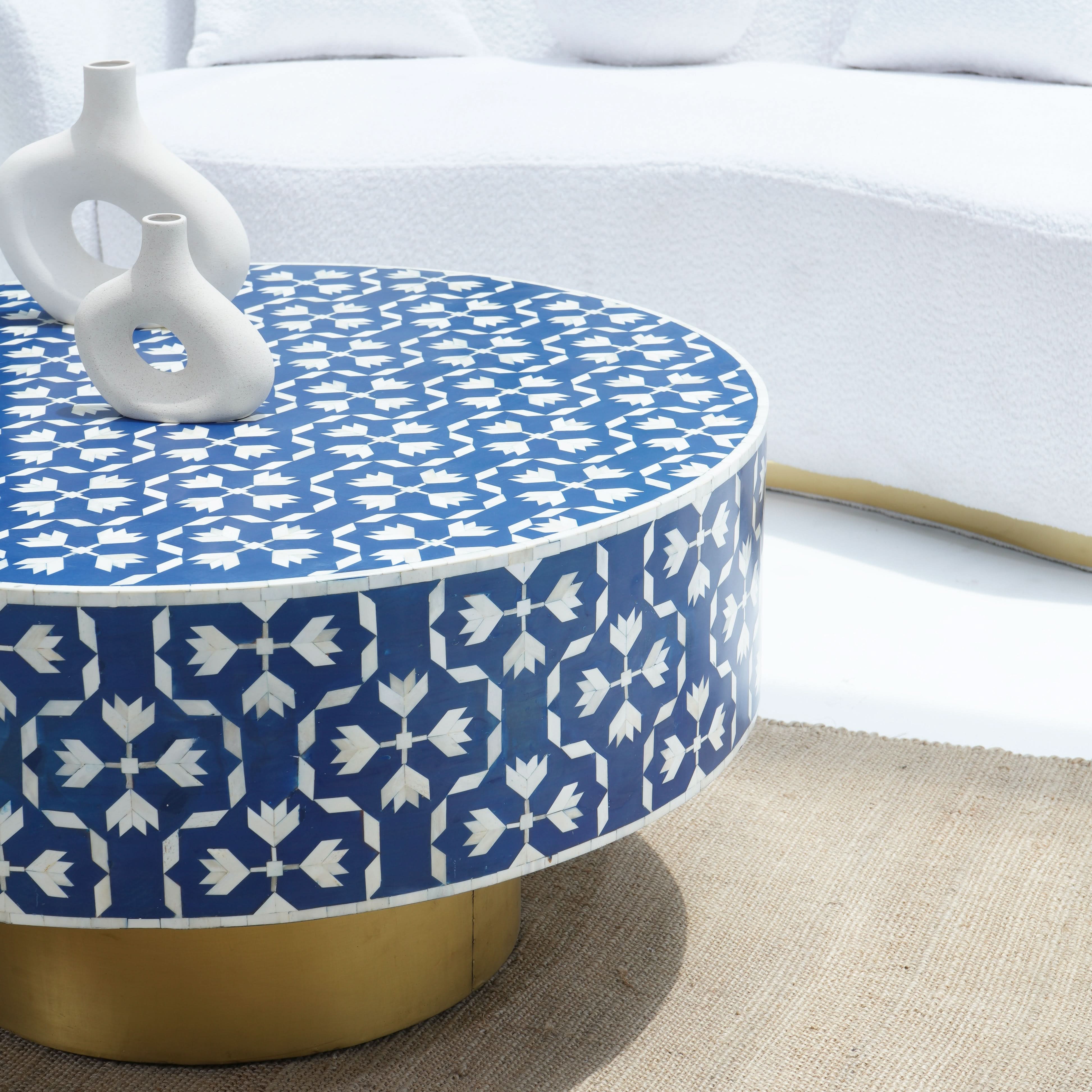 AURELIA BLUE INLAY ROUND COFFEE TABLE - Art and craft furniture