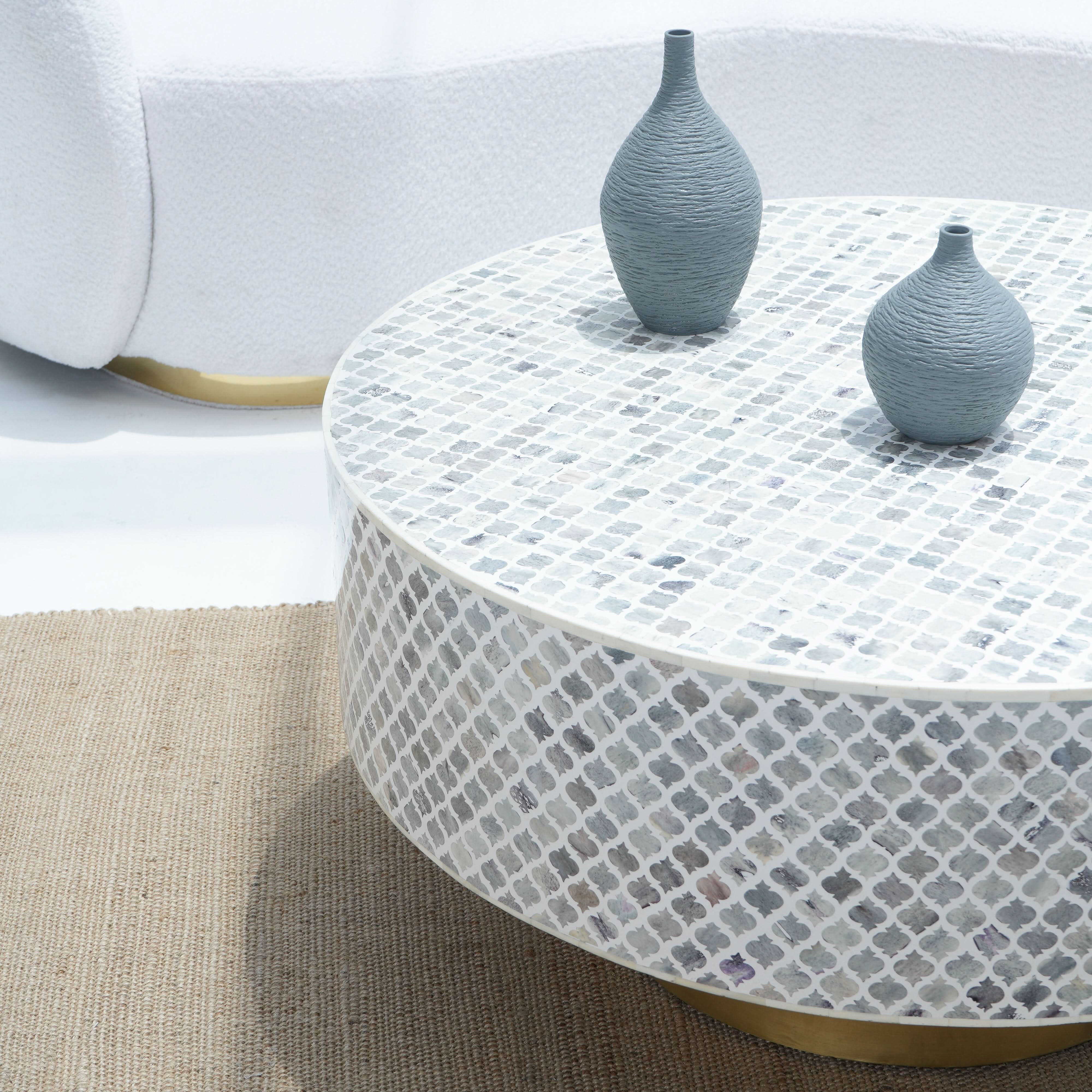 INLAY LIGHT BROWN ROUND COFFEE TABLE - Art and craft furniture