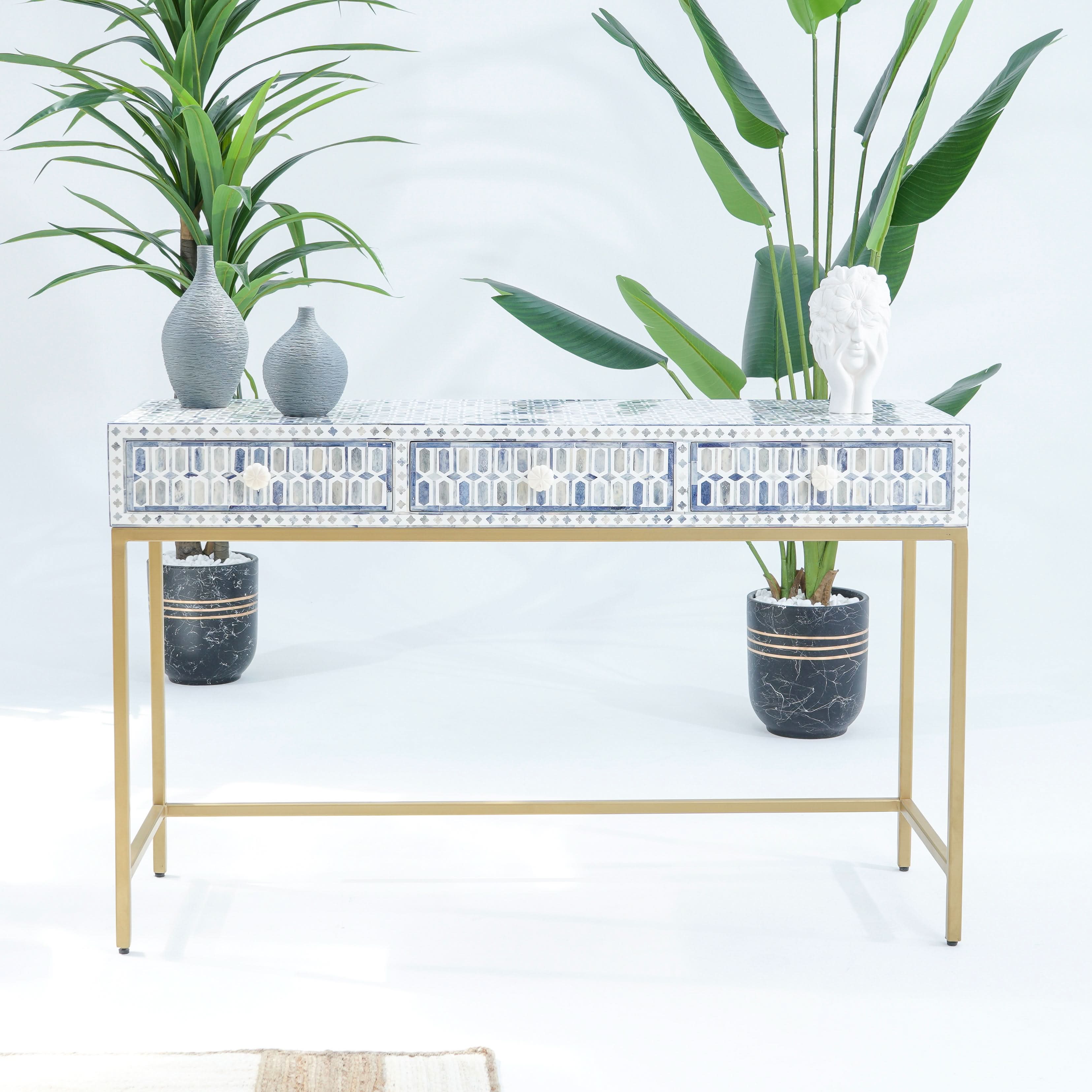 MOSAIC-BLUE INLAY THREE DRAWER CONSOLE TABLE - Art and craft furniture