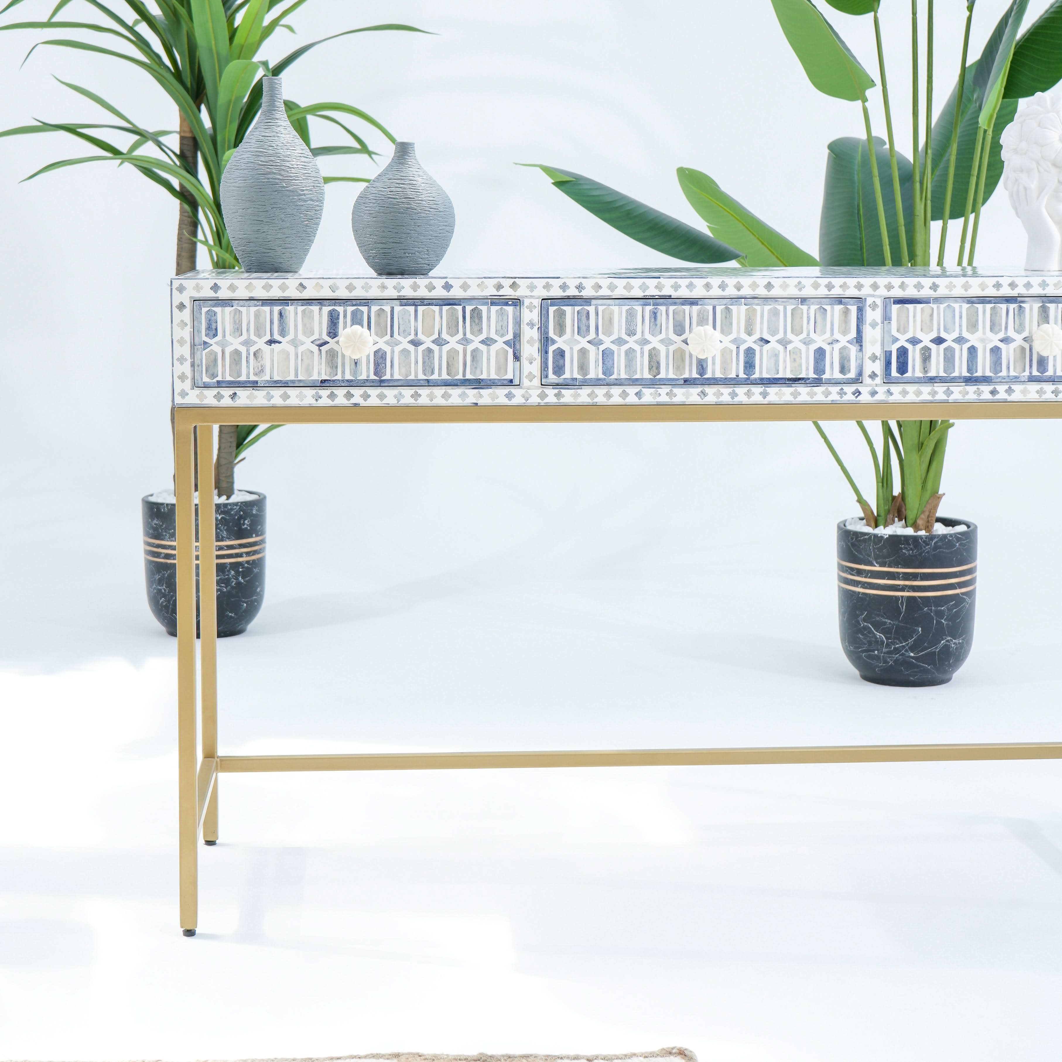 MOSAIC-BLUE INLAY THREE DRAWER CONSOLE TABLE - Art and craft furniture