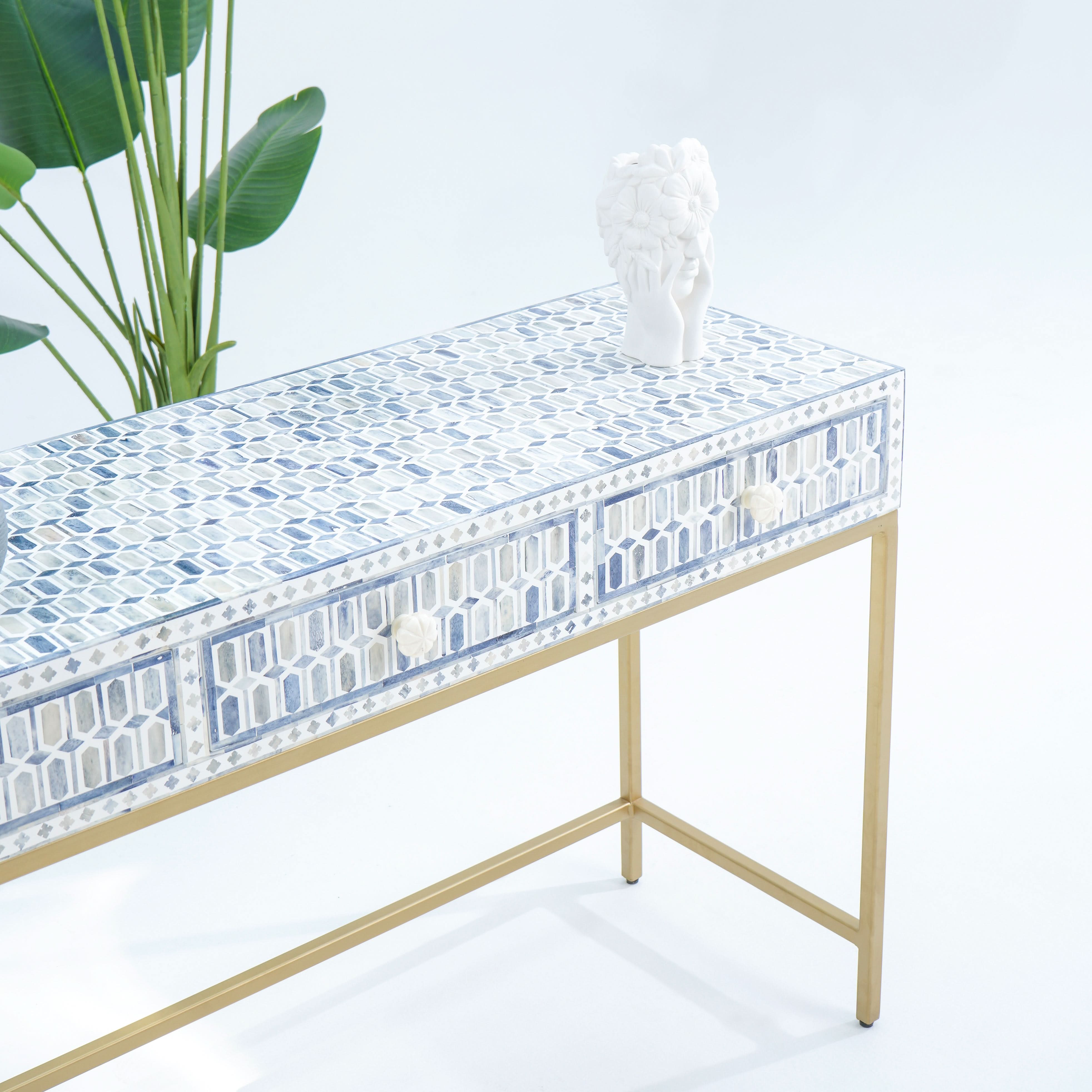 MOSAIC-BLUE INLAY THREE DRAWER CONSOLE TABLE - Art and craft furniture