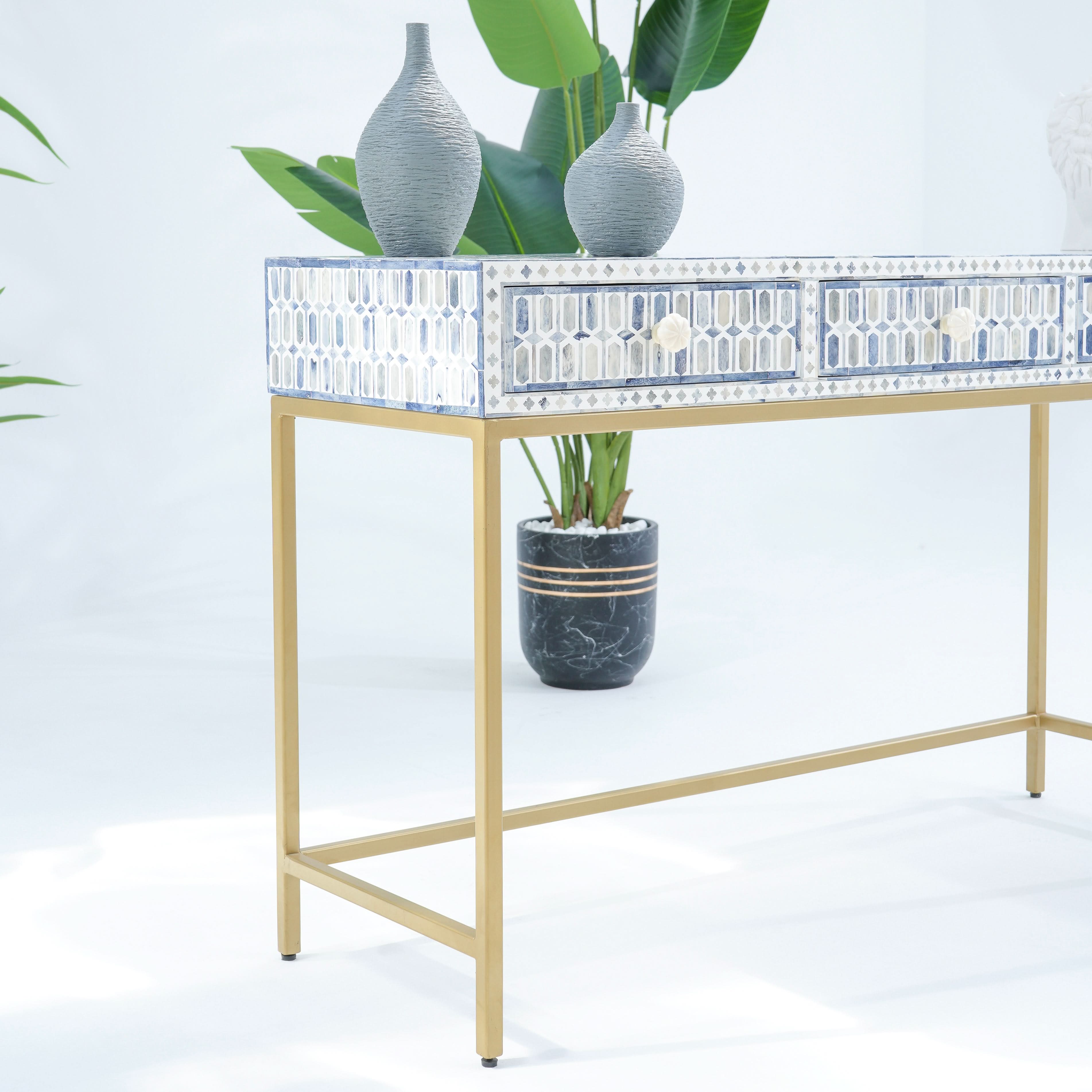 MOSAIC-BLUE INLAY THREE DRAWER CONSOLE TABLE - Art and craft furniture