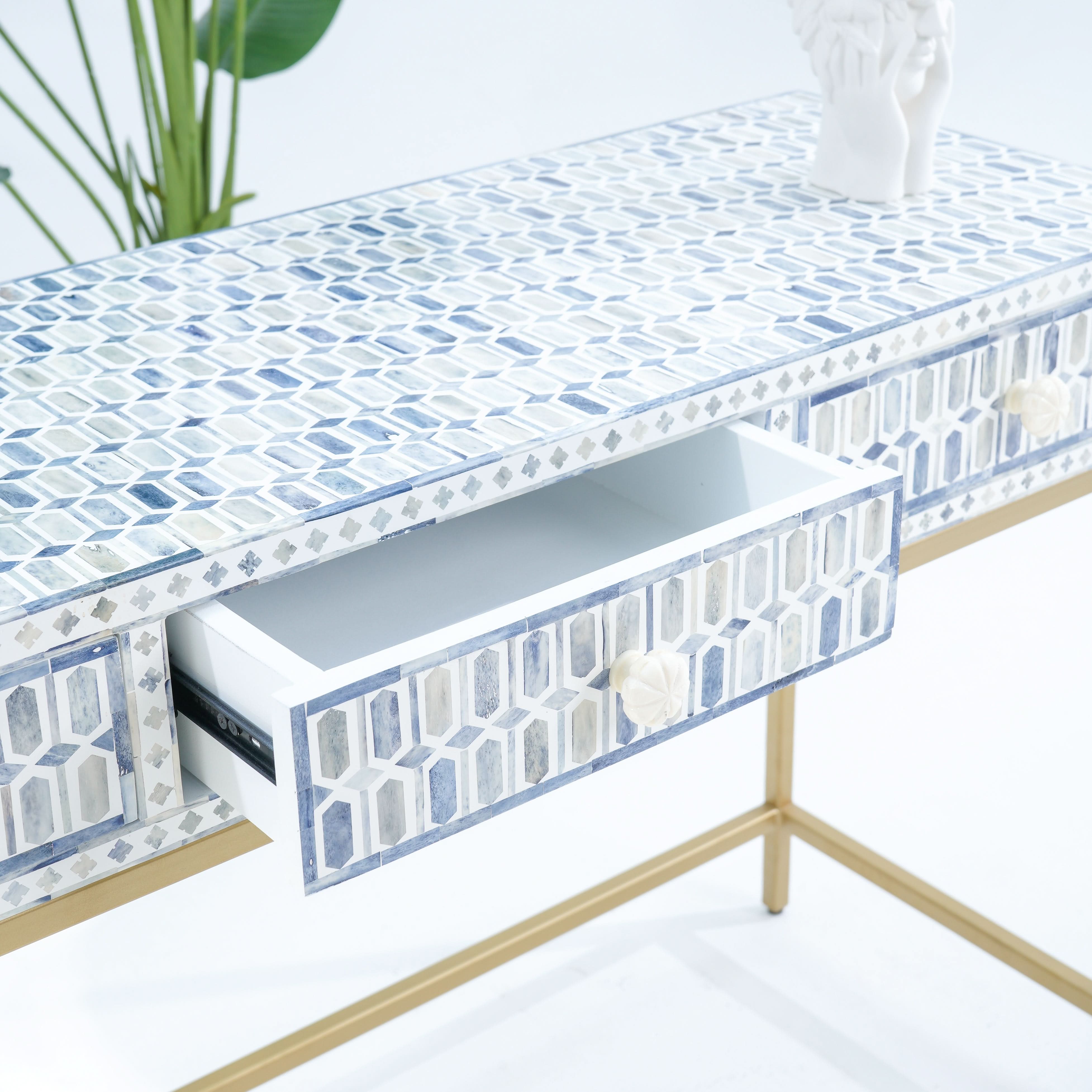 MOSAIC-BLUE INLAY THREE DRAWER CONSOLE TABLE - Art and craft furniture