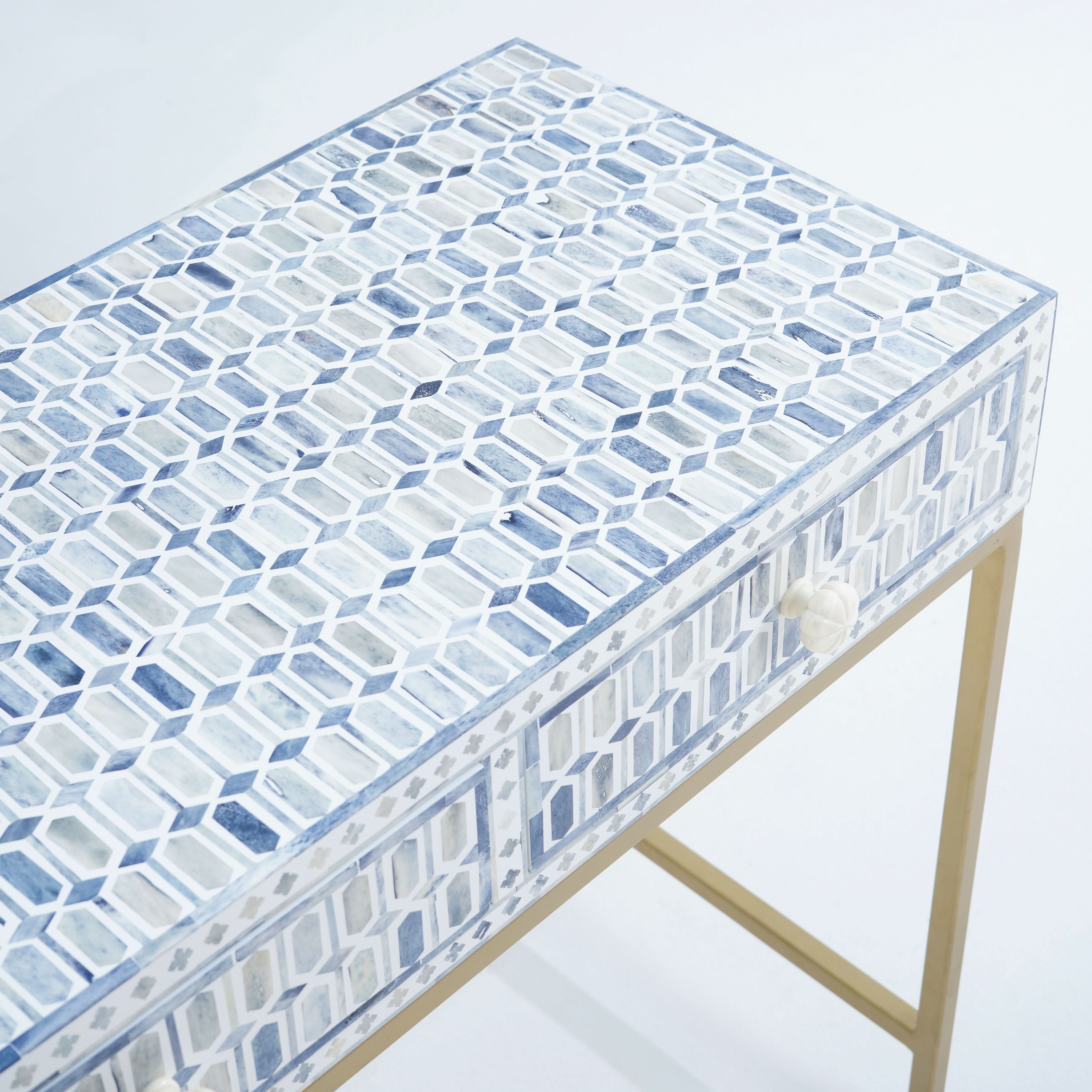 MOSAIC-BLUE INLAY THREE DRAWER CONSOLE TABLE - Art and craft furniture