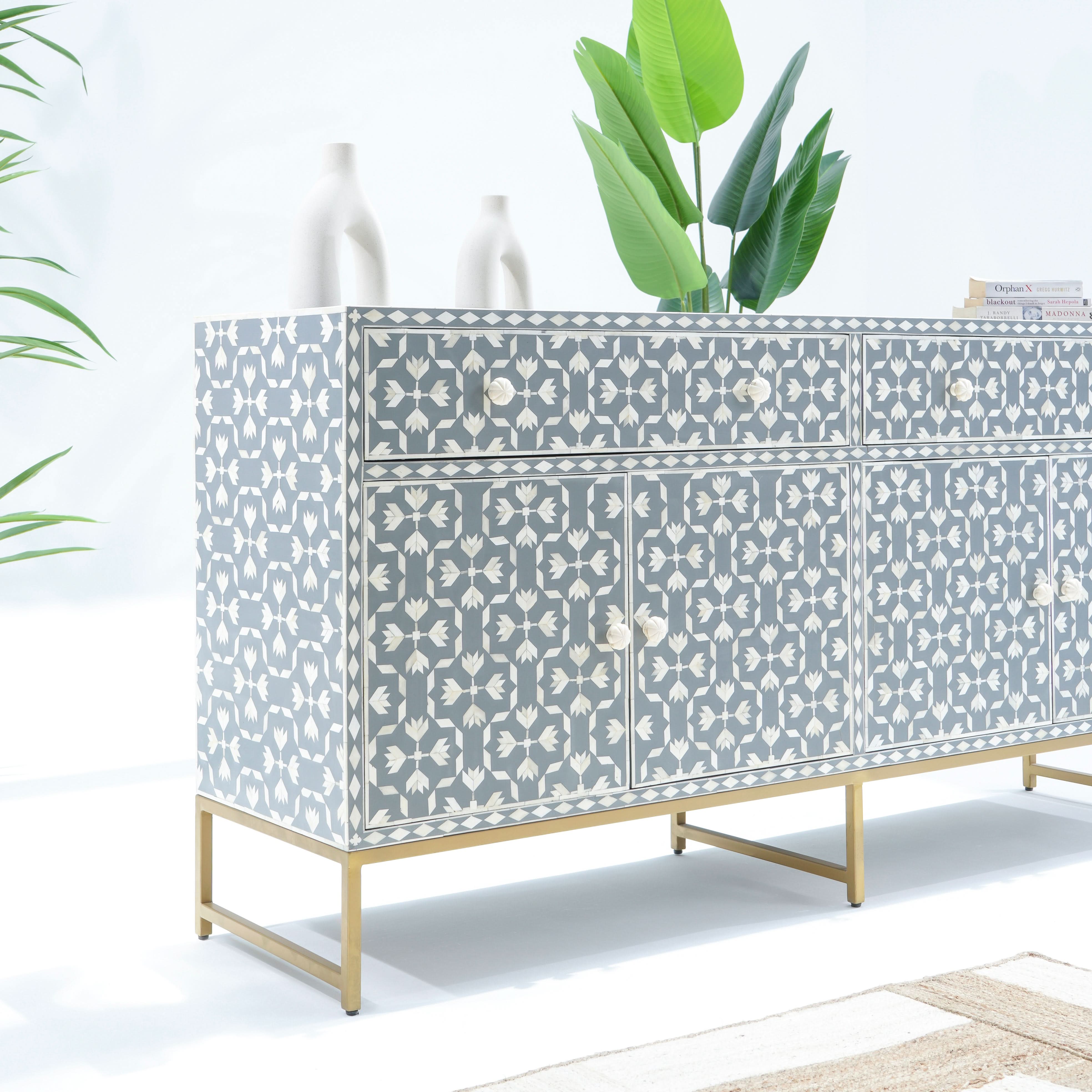 AURELIA-GREY INLAY FOUR DRAWER DOOR SIDEBOARD - Art and craft furniture