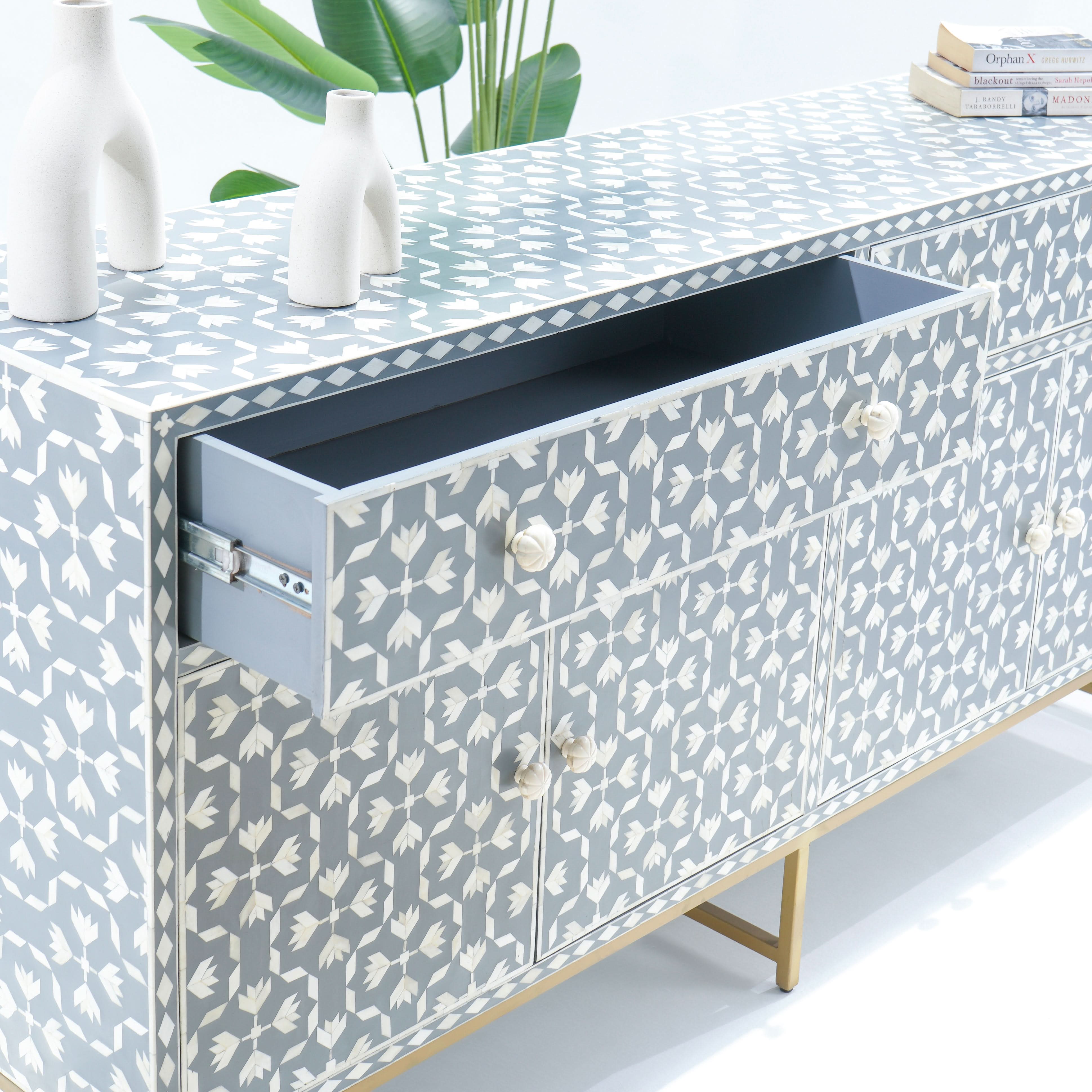AURELIA-GREY INLAY FOUR DRAWER DOOR SIDEBOARD - Art and craft furniture