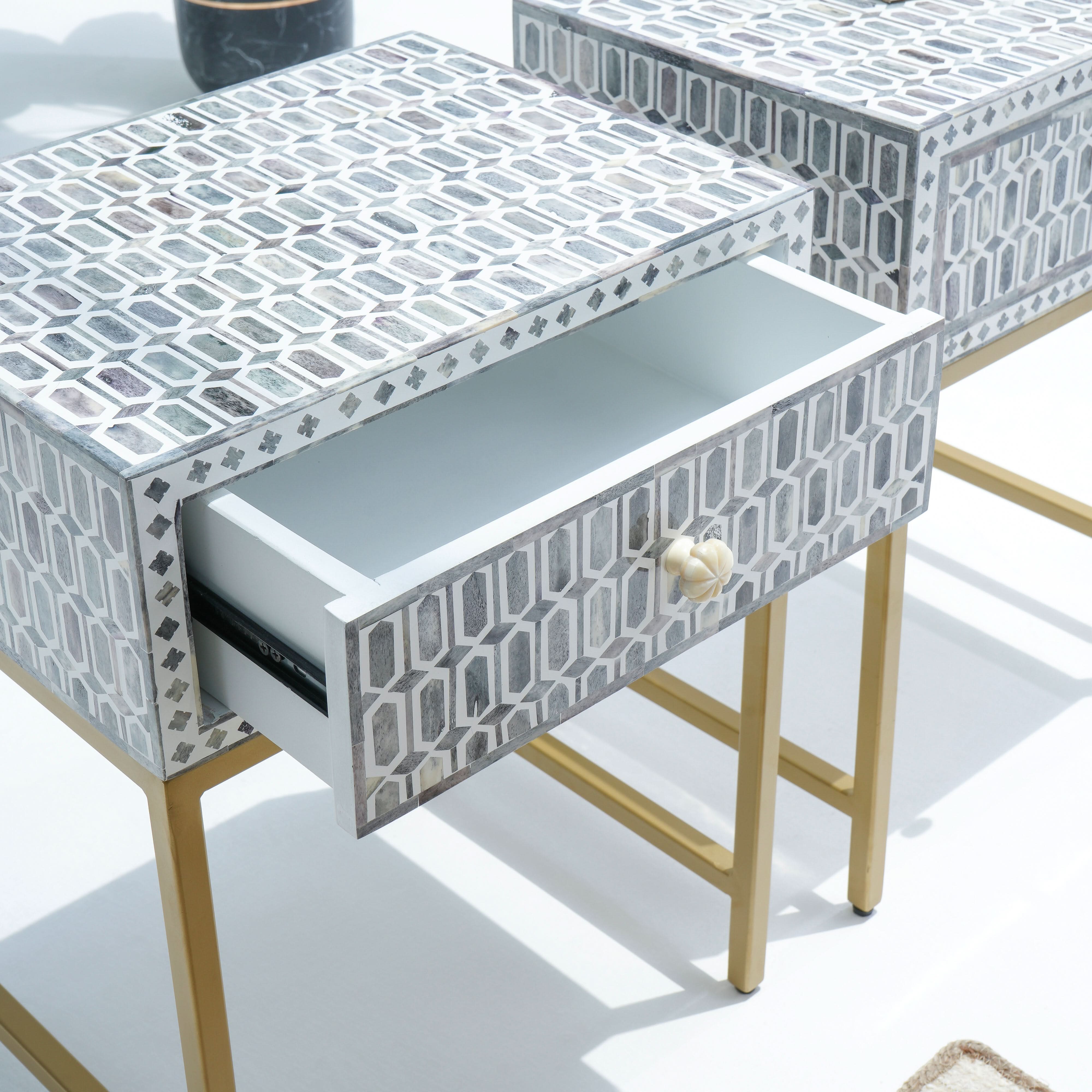 Inlay Light Grey Bedside Table - Art and craft furniture