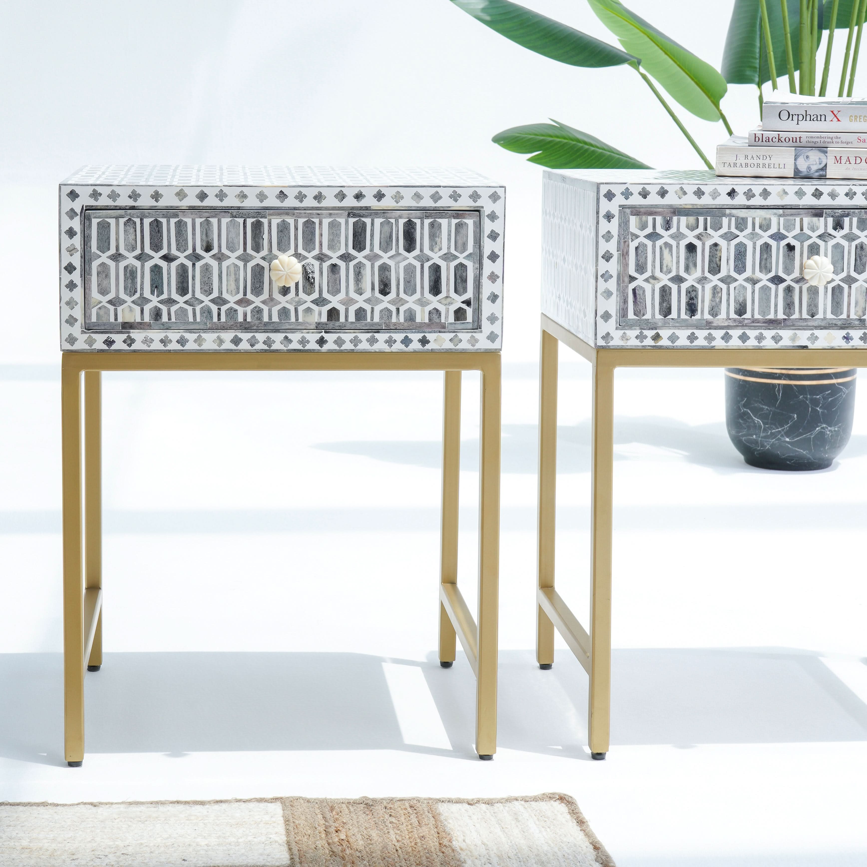 Inlay Light Grey Bedside Table - Art and craft furniture