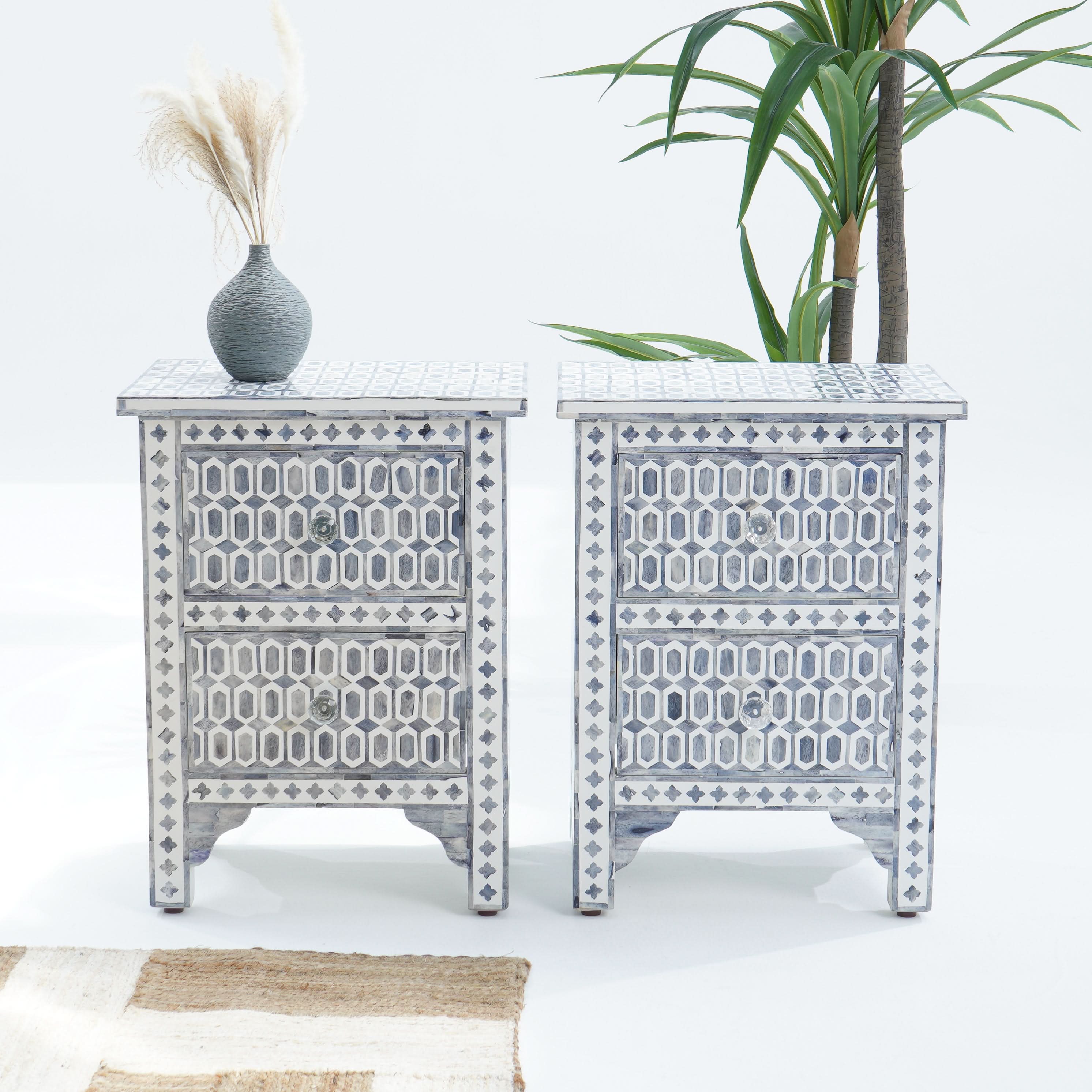 MOSAIC-GREY INLAY BEDSIDE TABLE EACH PC - Art and craft furniture