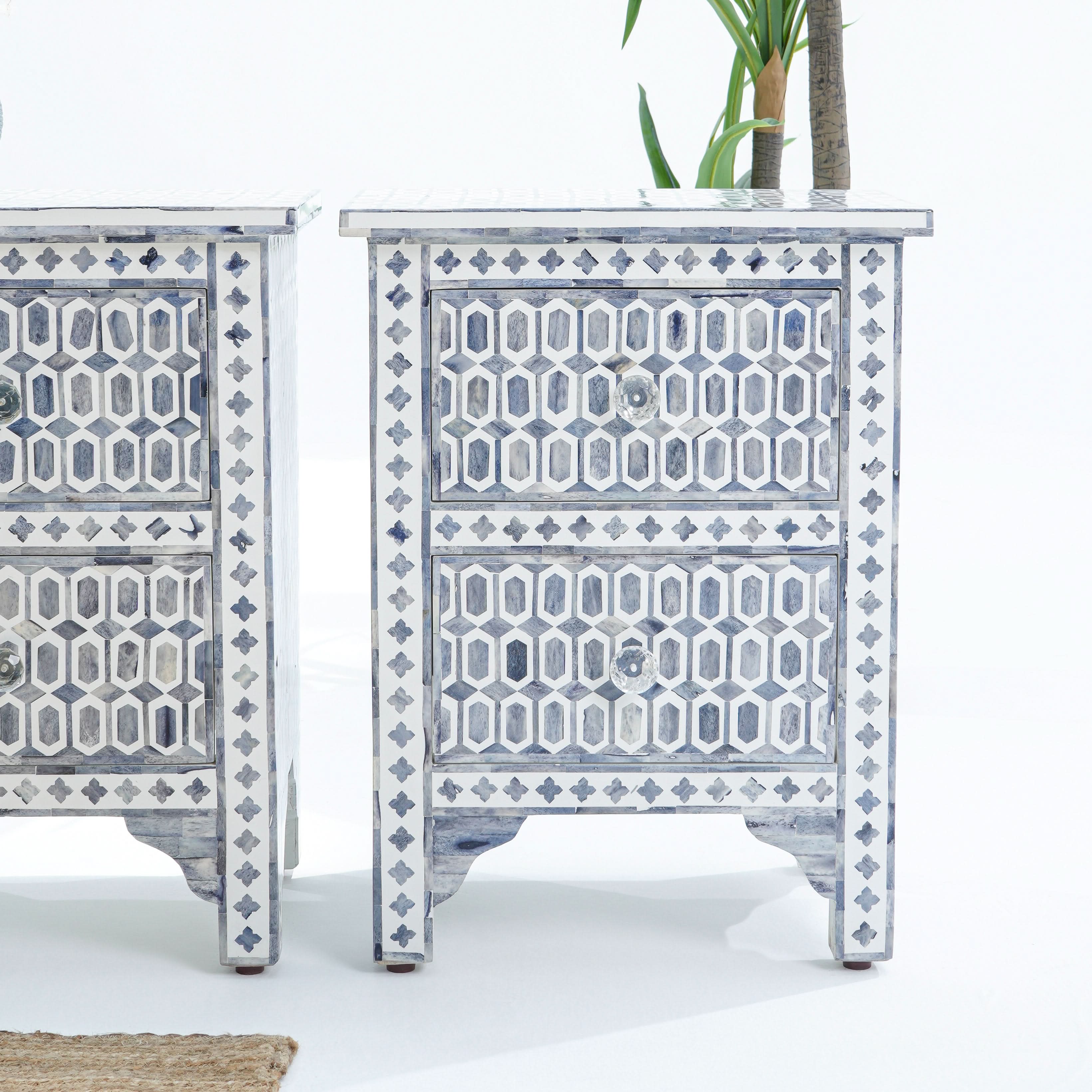MOSAIC-GREY INLAY BEDSIDE TABLE EACH PC - Art and craft furniture