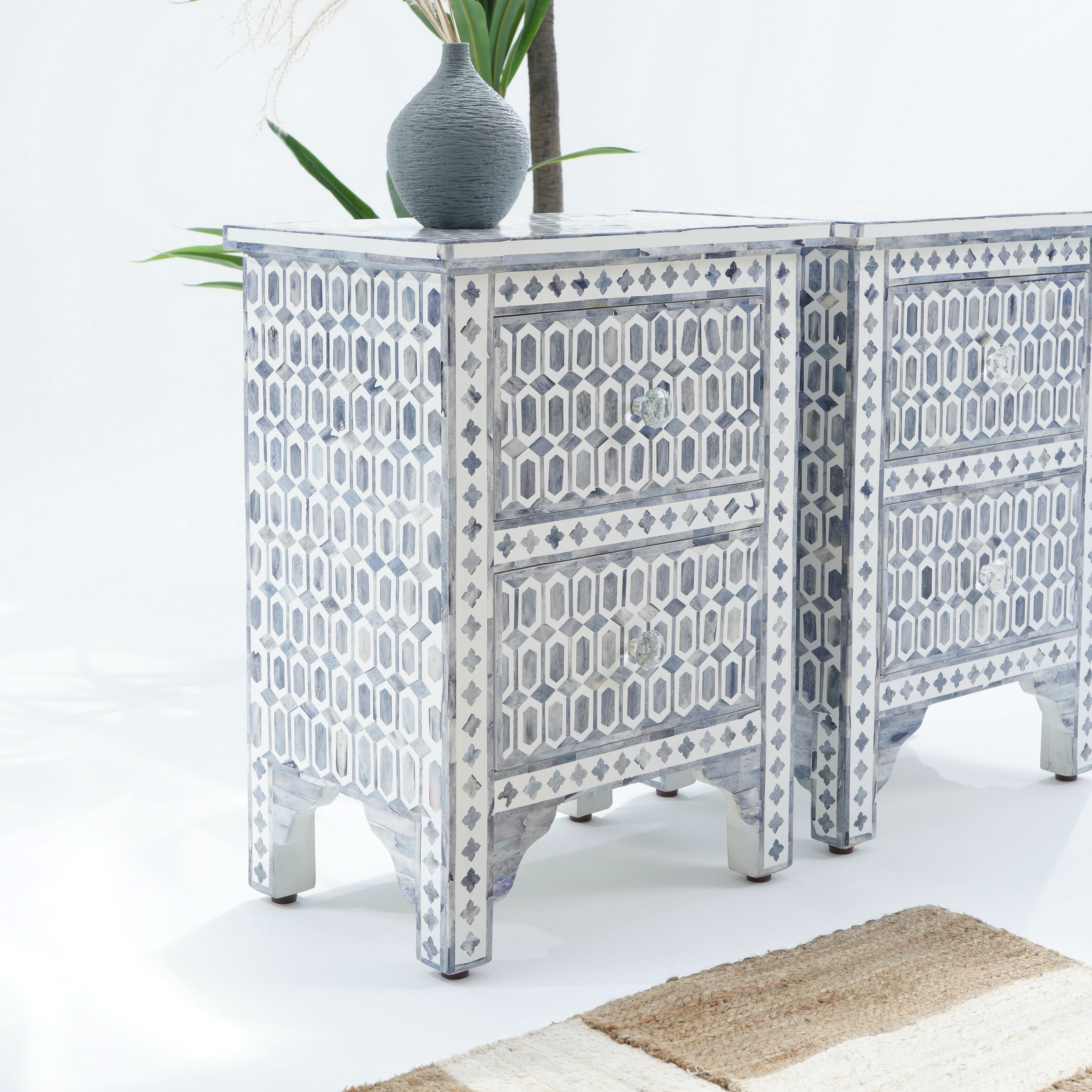 MOSAIC-GREY INLAY BEDSIDE TABLE EACH PC - Art and craft furniture