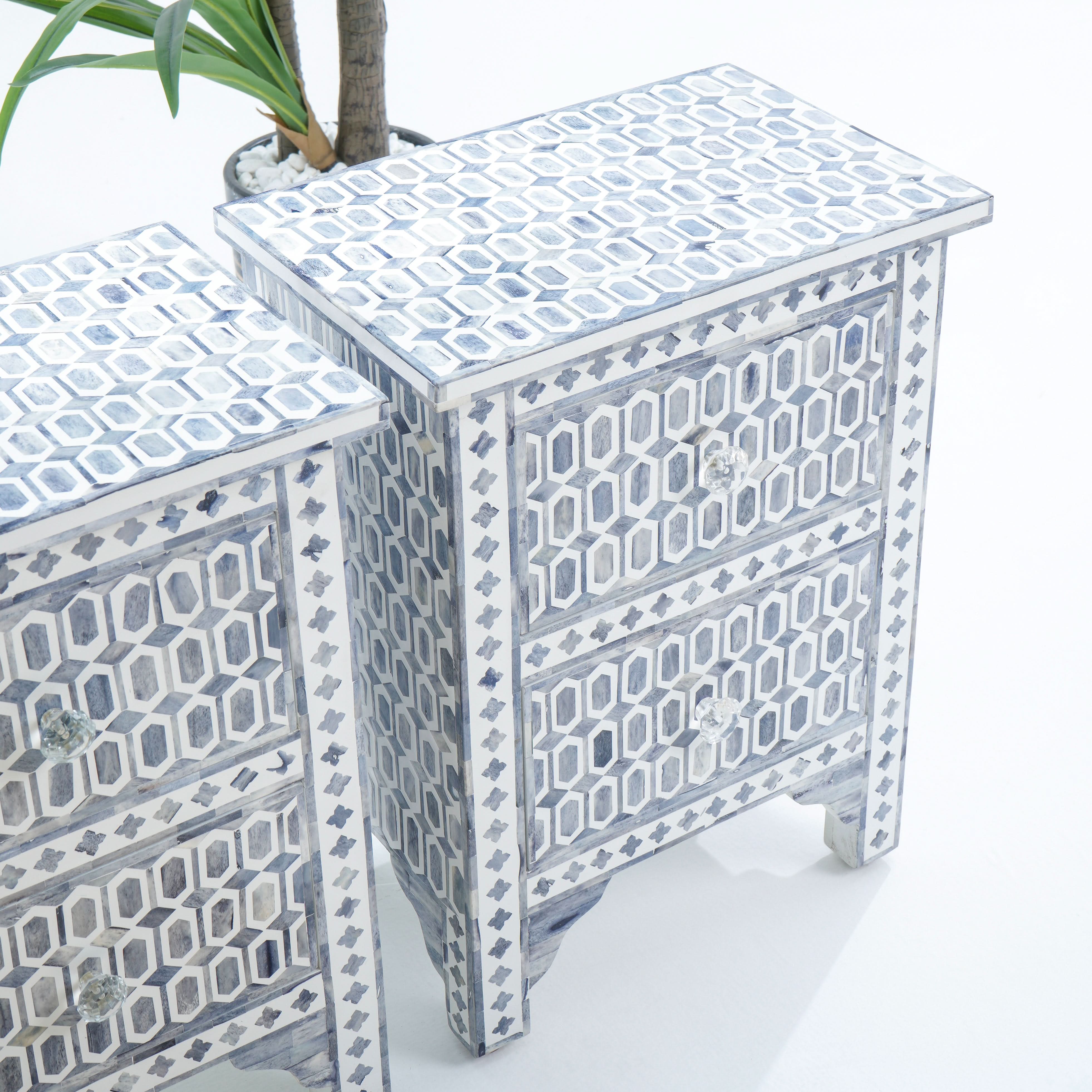 MOSAIC-GREY INLAY BEDSIDE TABLE EACH PC - Art and craft furniture