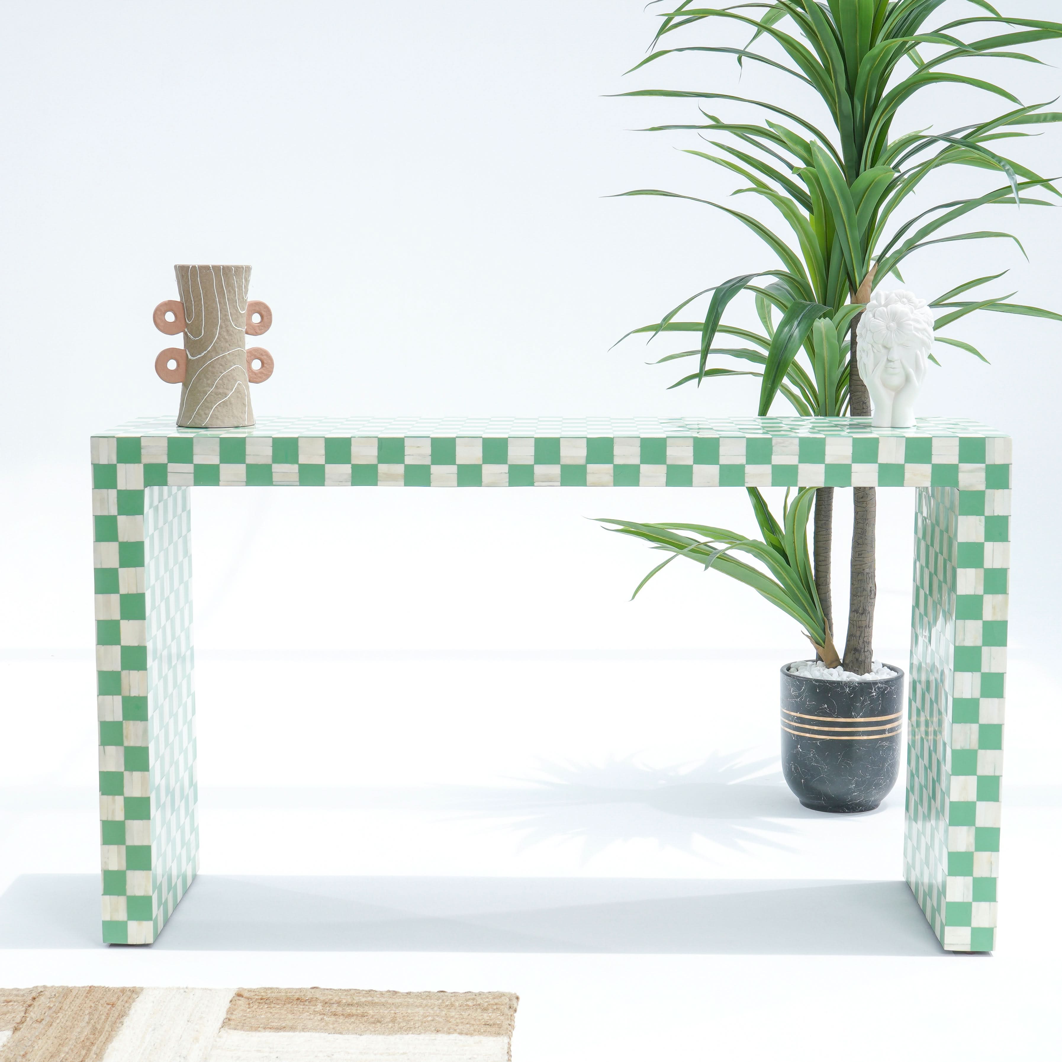 MOSAIC-GREEN INLAY U SHAPE CONSOLE TABLE - Art and craft furniture