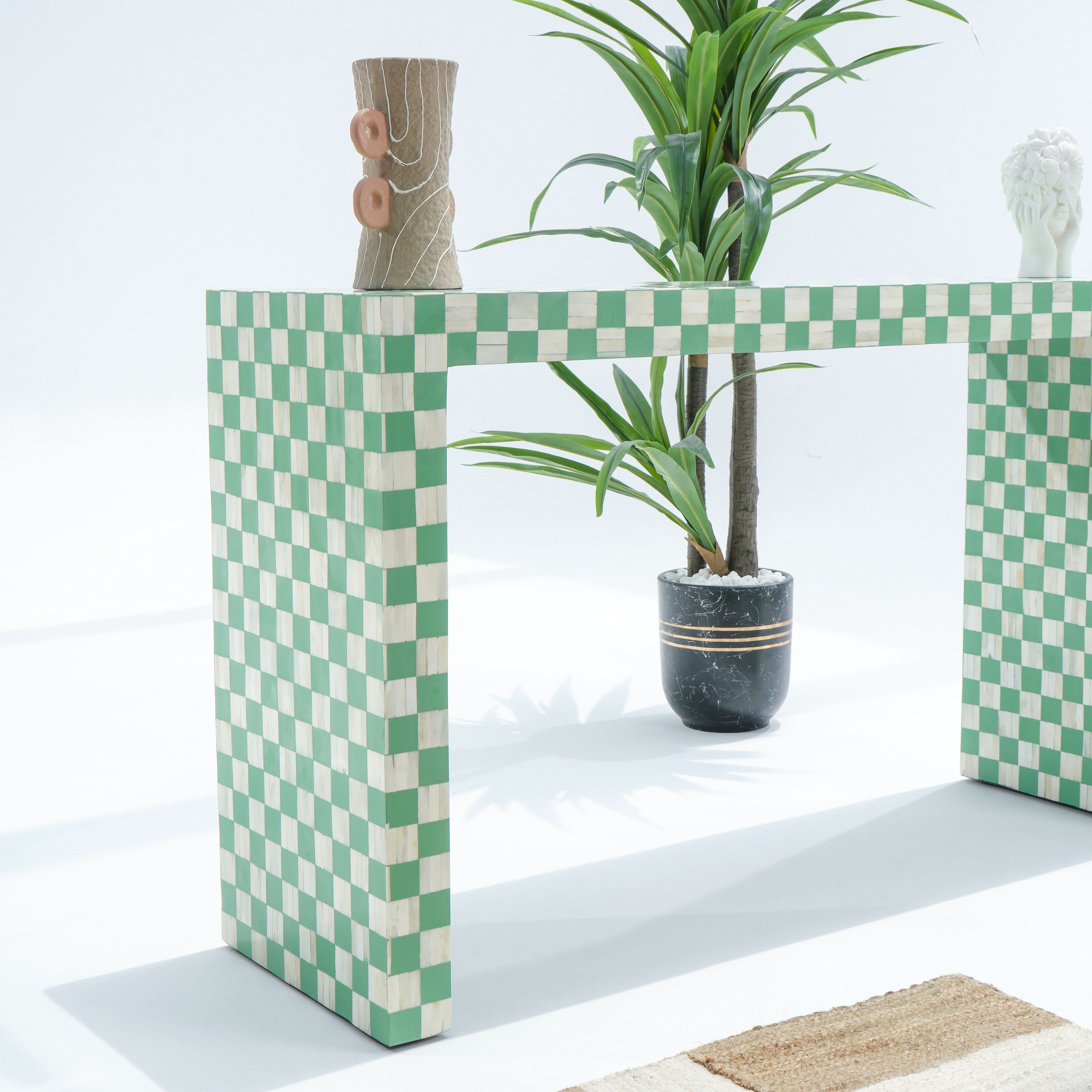 MOSAIC-GREEN INLAY U SHAPE CONSOLE TABLE - Art and craft furniture