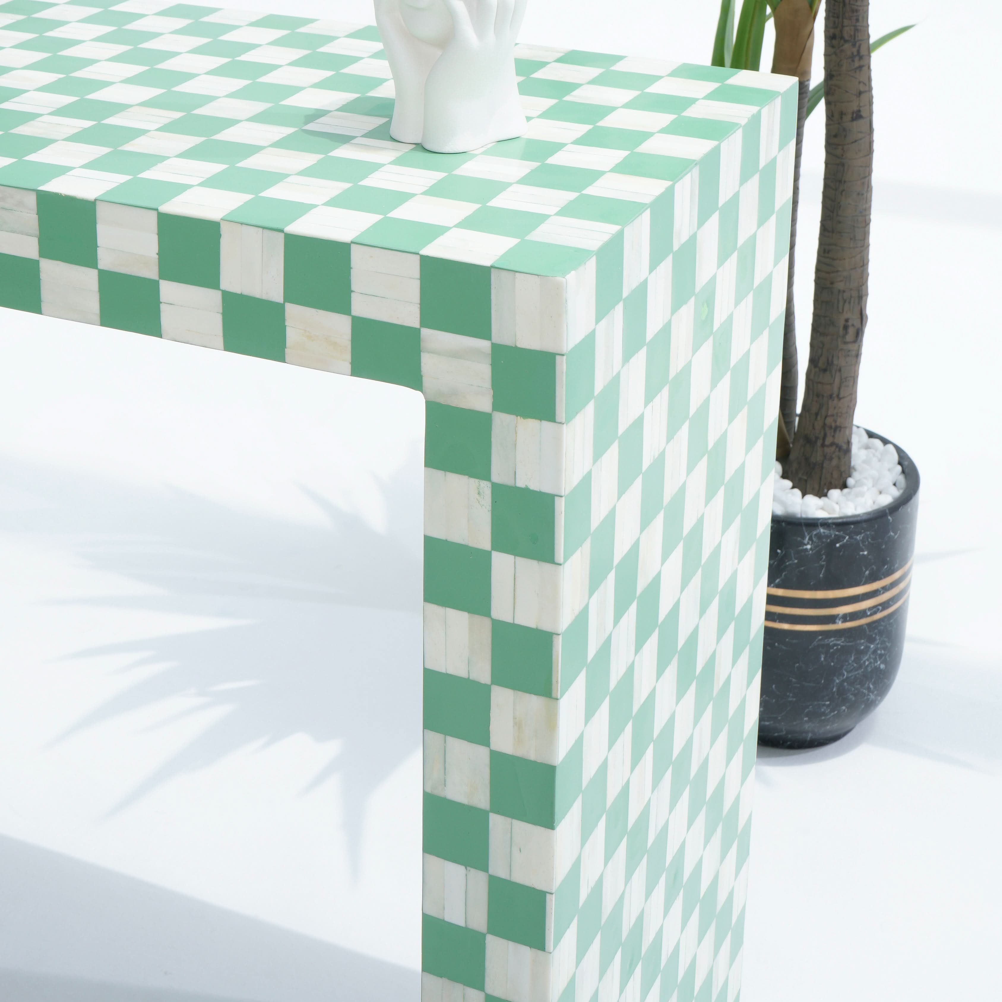 MOSAIC-GREEN INLAY U SHAPE CONSOLE TABLE - Art and craft furniture