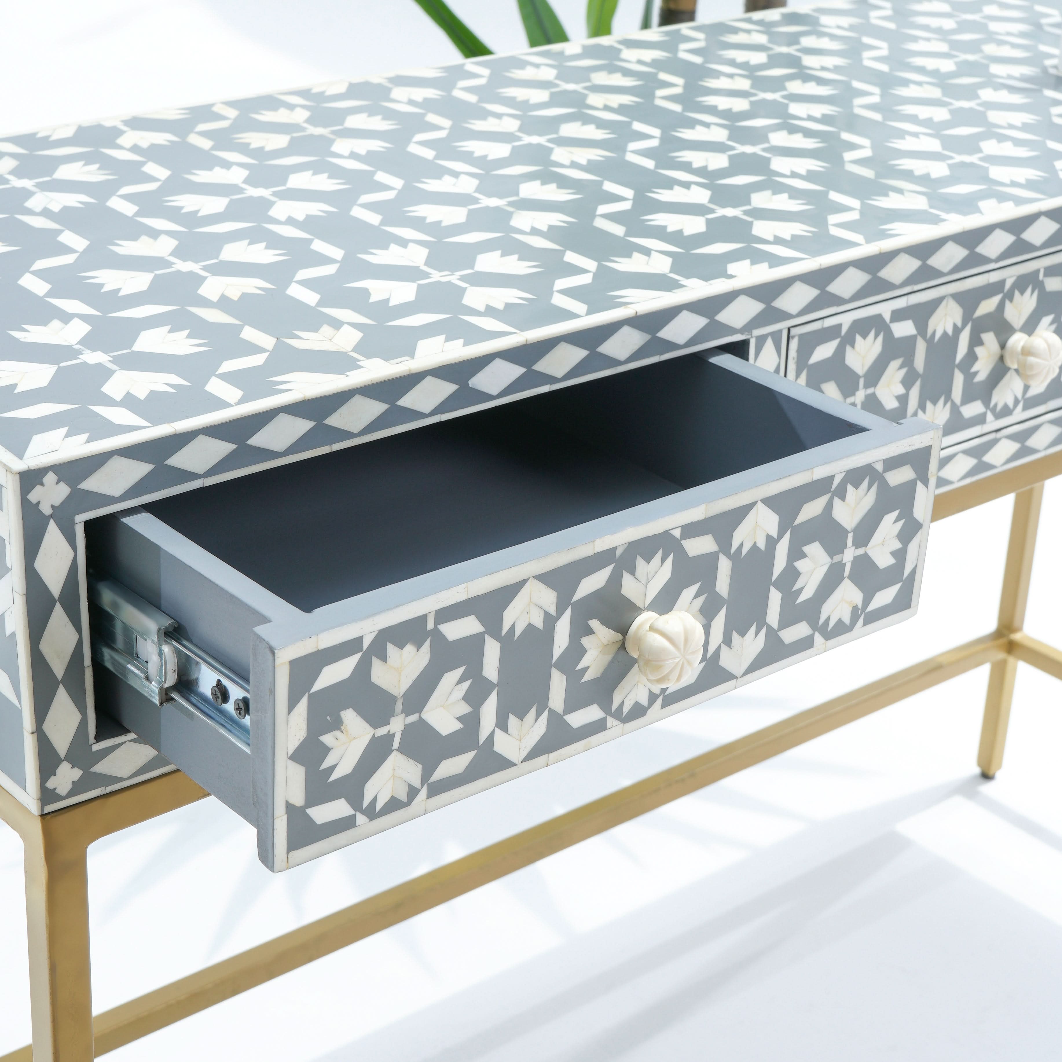 AURELIA-GREY INLAY THREE DRAWER CONSOLE TABLE - Art and craft furniture