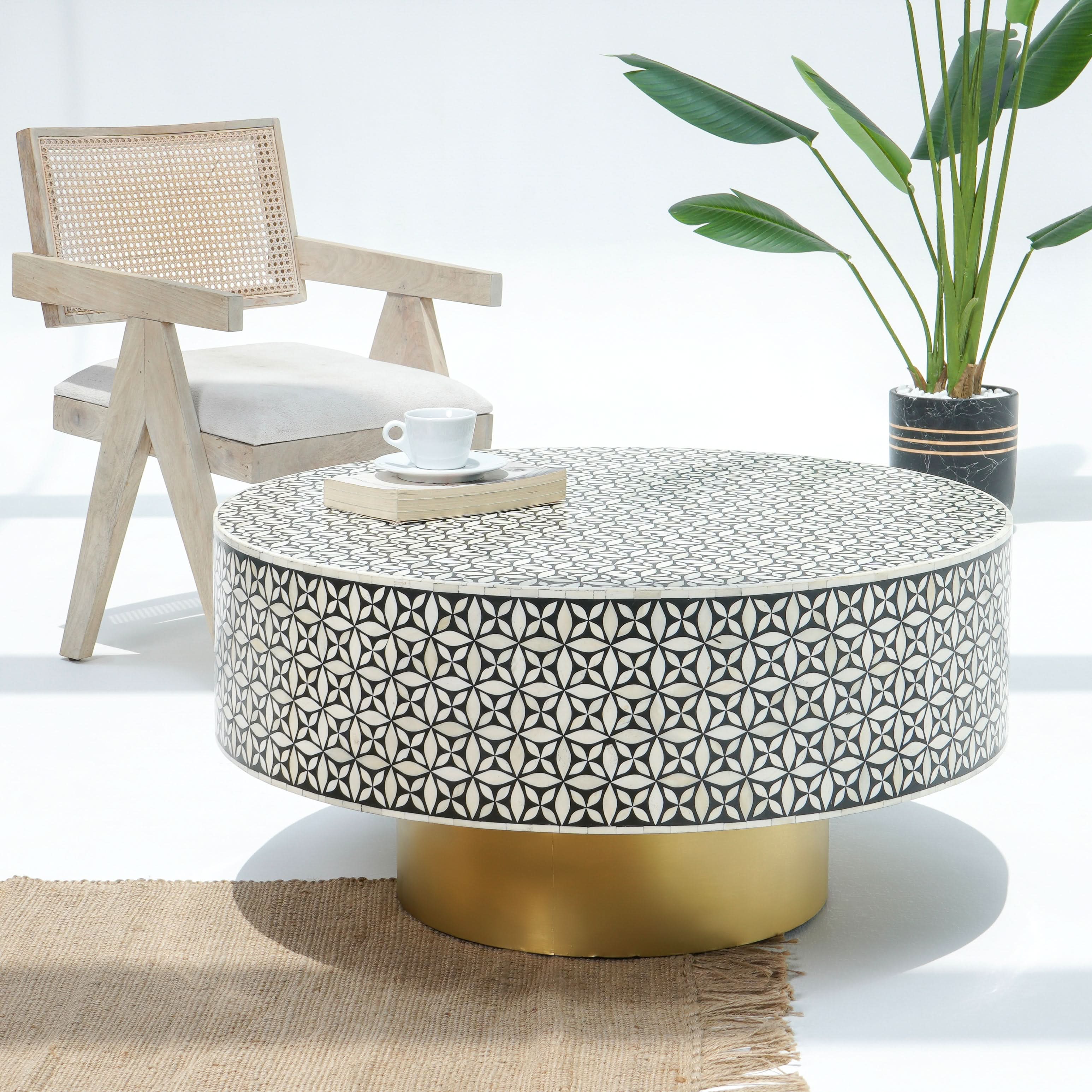 CRYSTAL BLACK INLAY BLACK ROUND COFFEE TABLE - Art and craft furniture