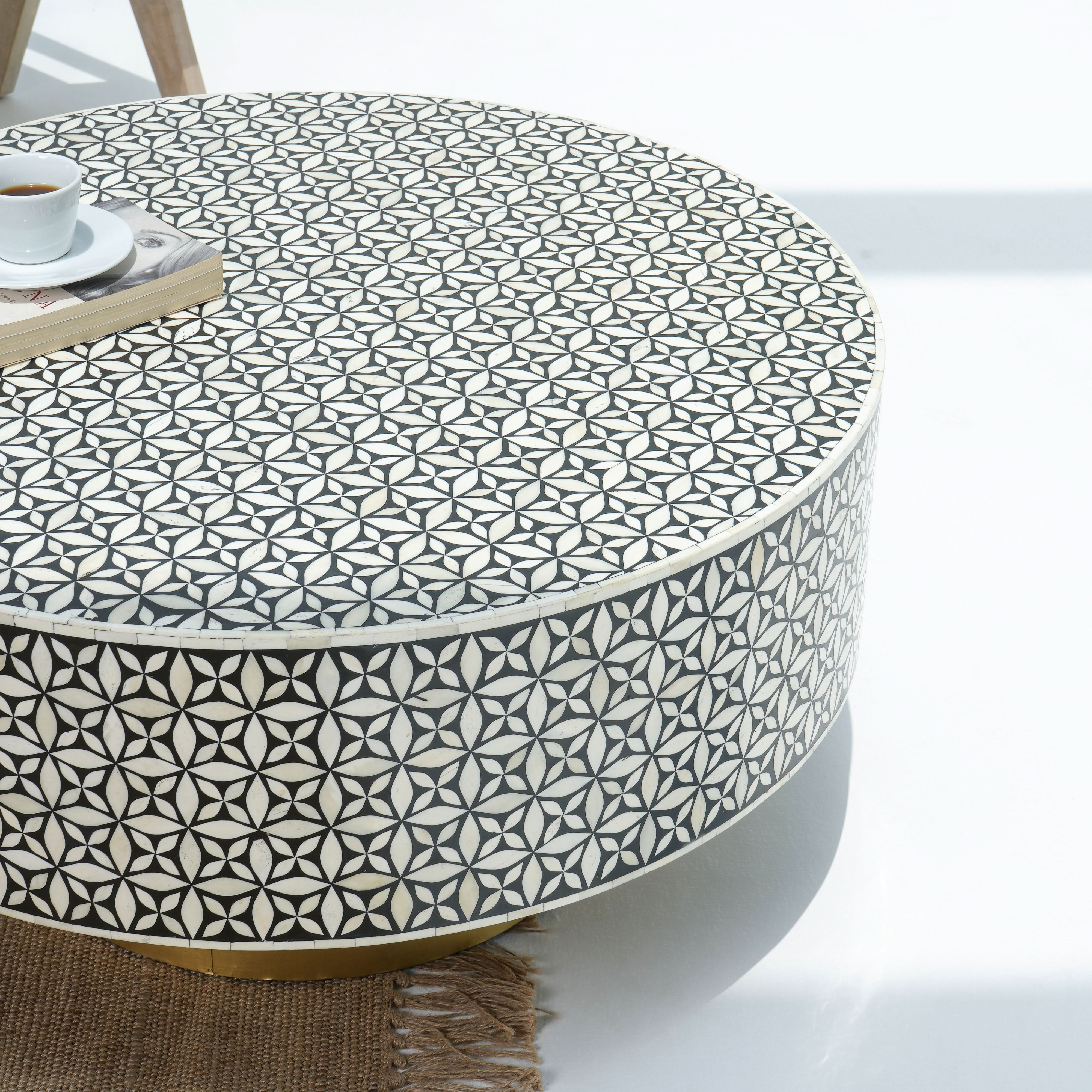 CRYSTAL BLACK INLAY BLACK ROUND COFFEE TABLE - Art and craft furniture