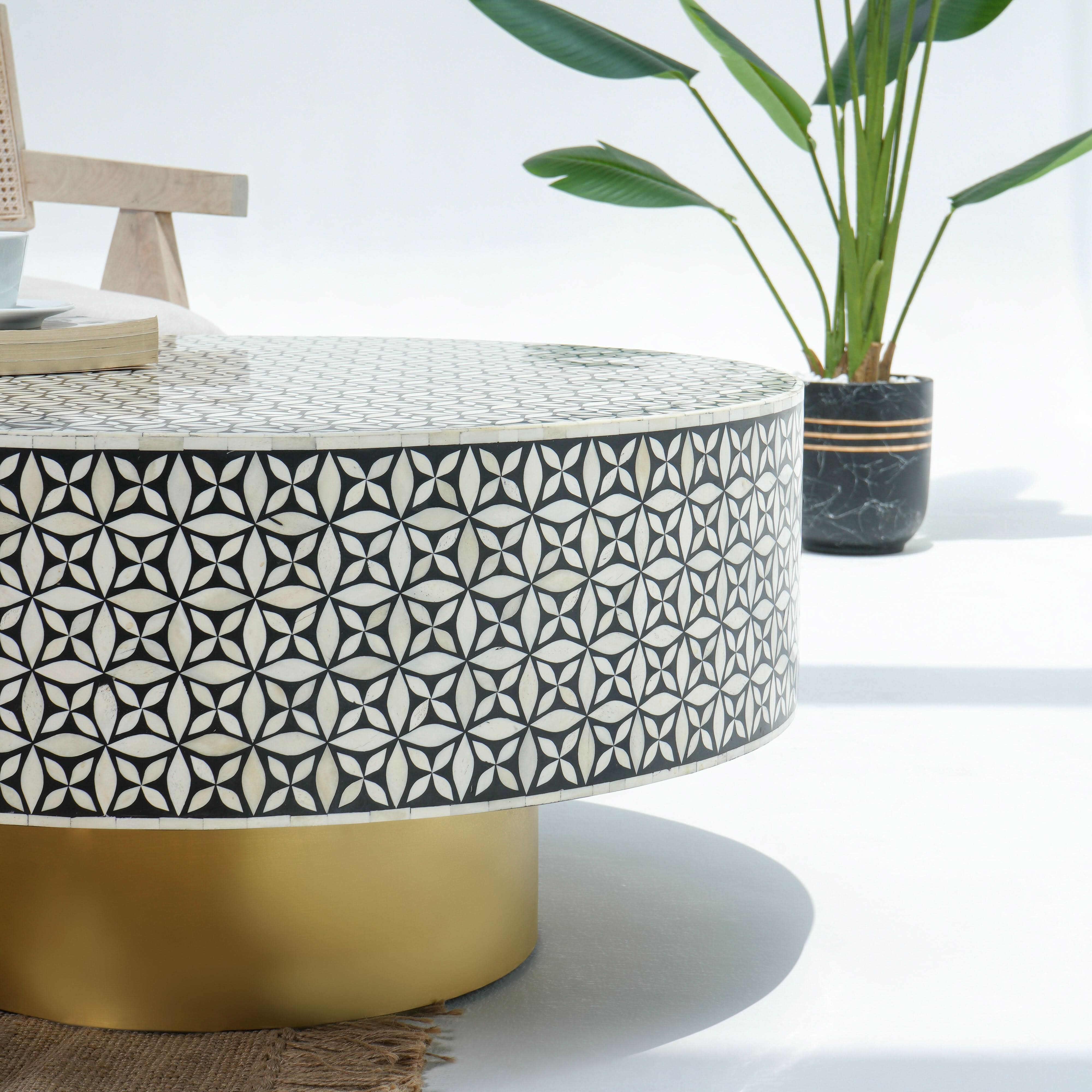 CRYSTAL BLACK INLAY BLACK ROUND COFFEE TABLE - Art and craft furniture