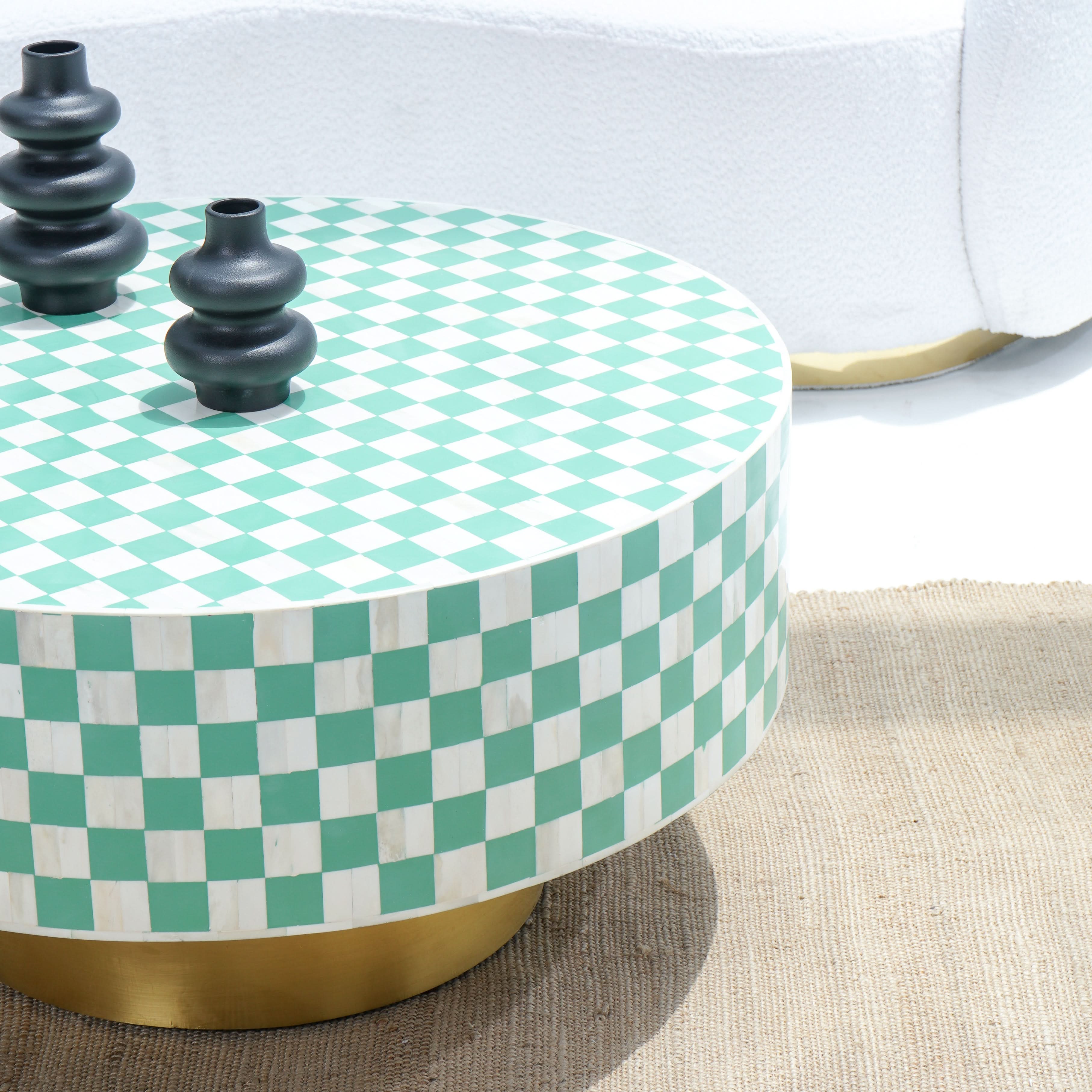INLAY LIGHT BLUE ROUND COFFEE TABLE - Art and craft furniture