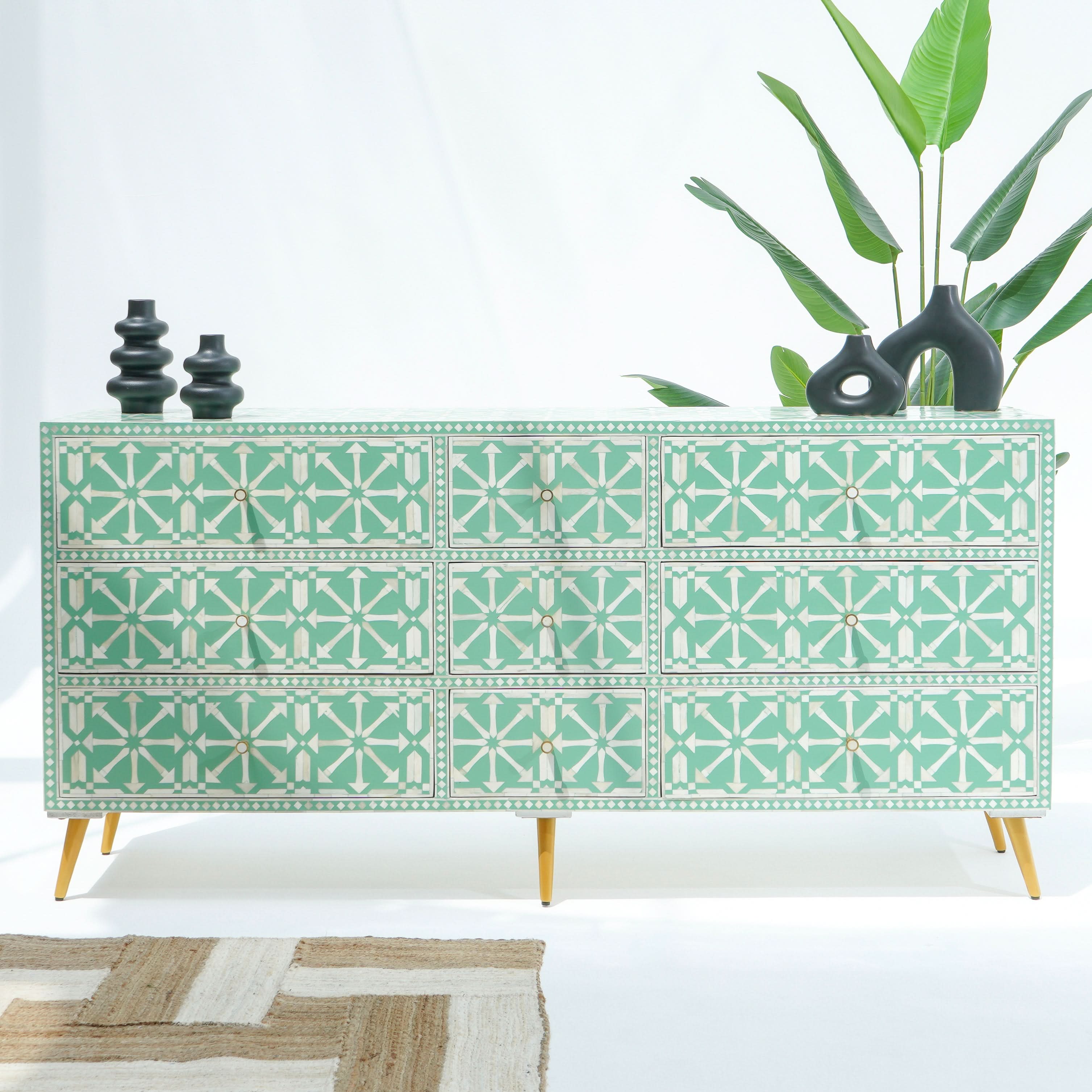 AURELIA GREEN INLAY NINE DRAWER DRAWCHEST - Art and craft furniture