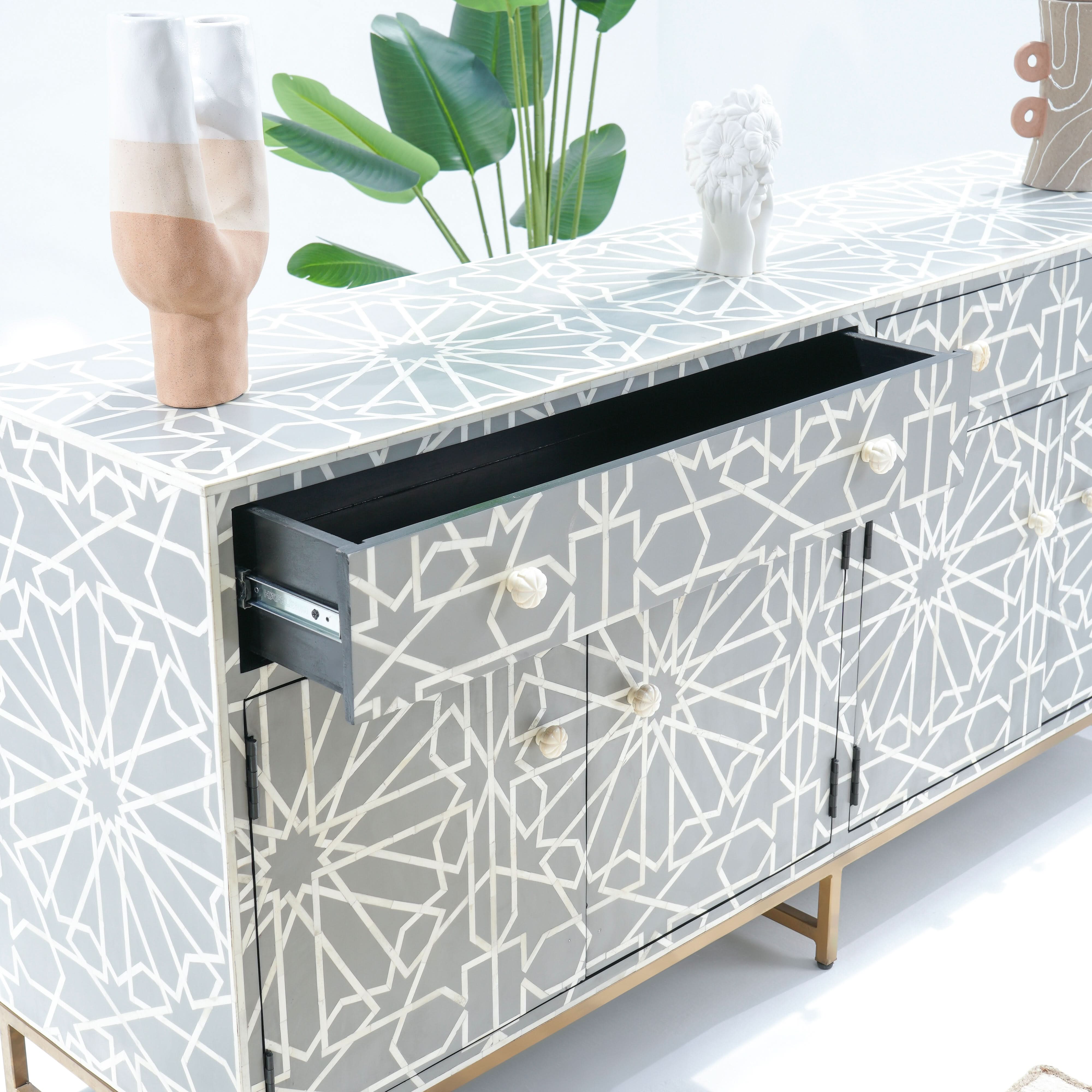 CRAFTLINE-GREY INLAY FOUR DRAWER DOOR SIDEBOARD - Art and craft furniture