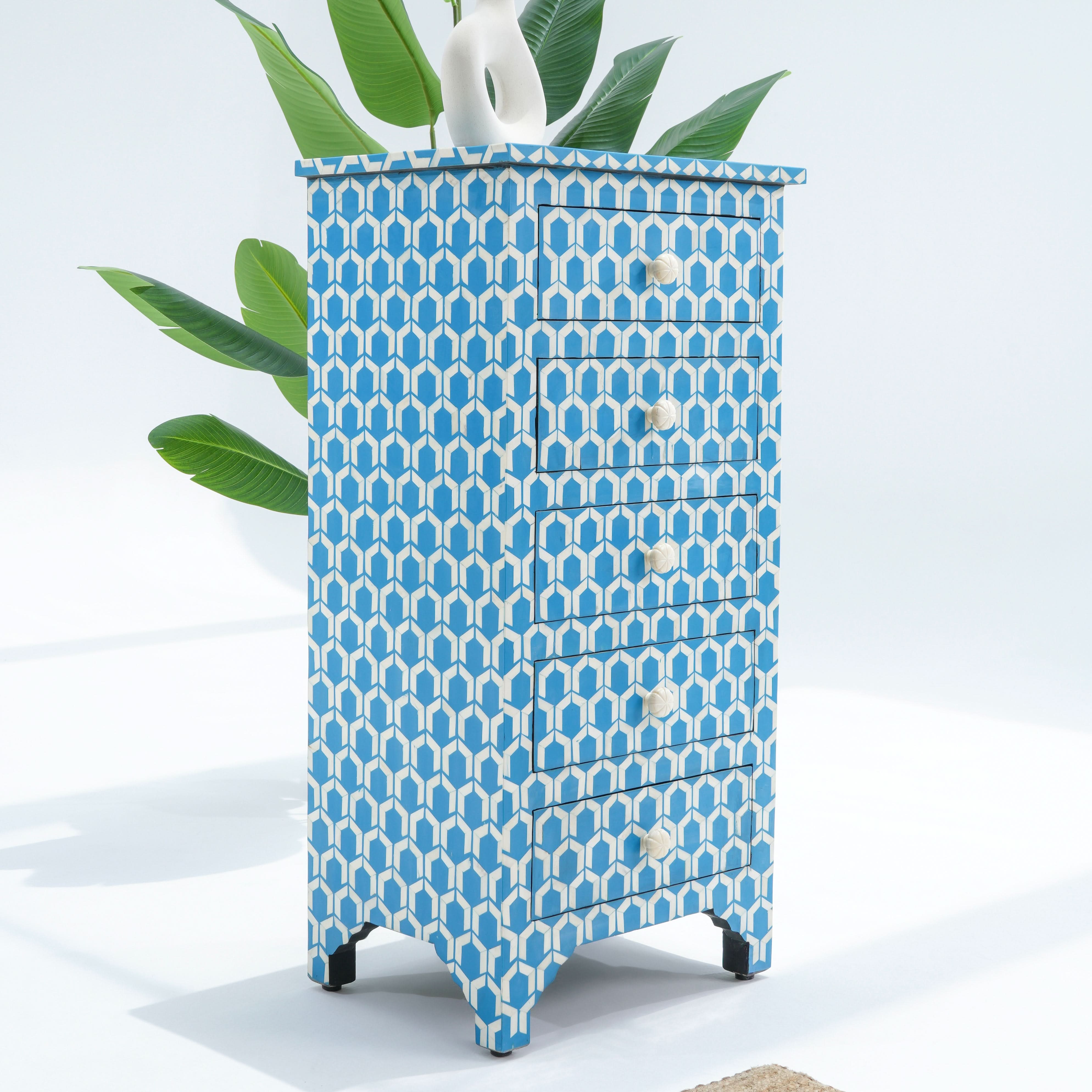MOSAIC-BLUE INLAY FIVE DRAWER SINGLE DRAWCHEST - Art and craft furniture