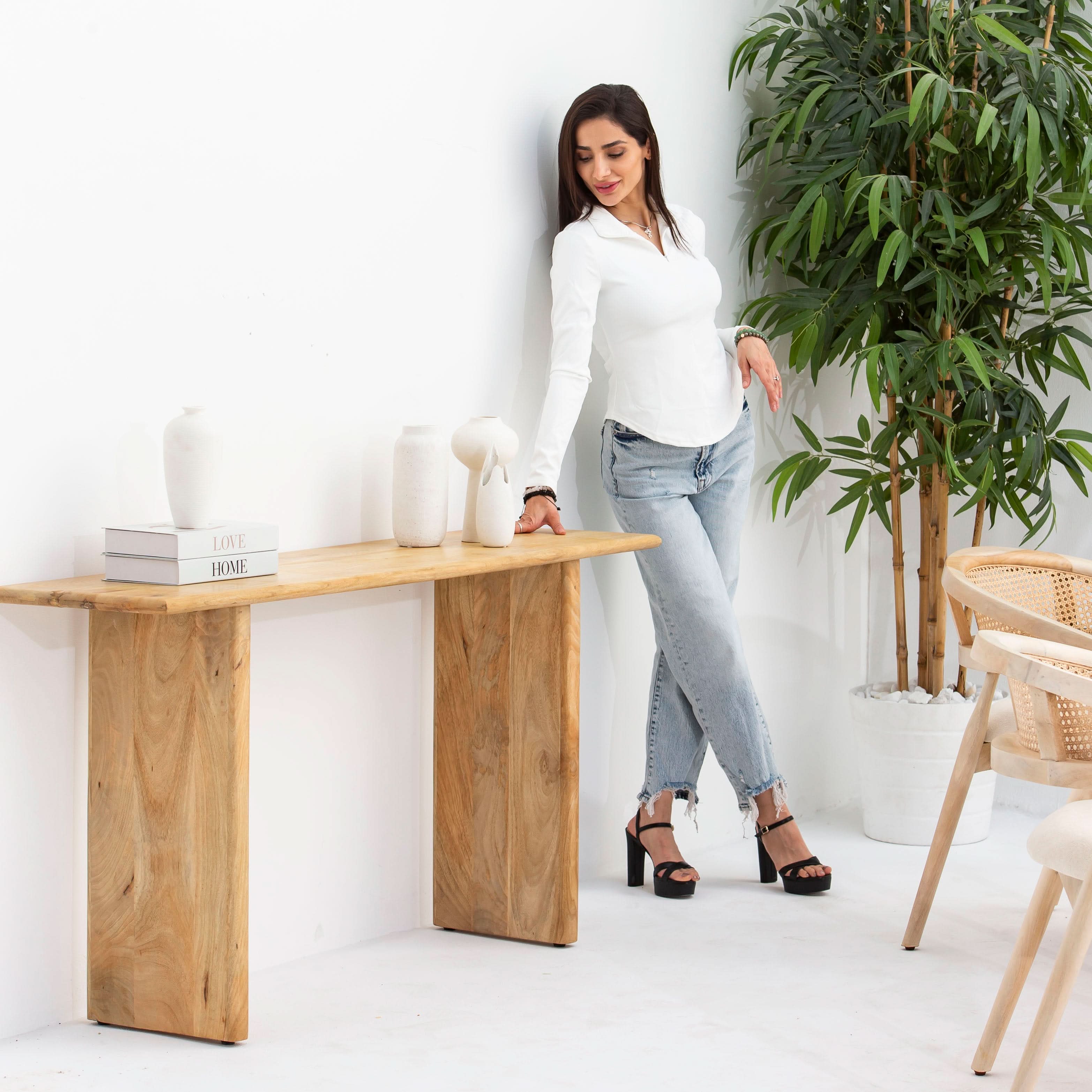 AUREVO WOODEN PLAIN FINISH CONSOLE TABLE - Art and craft furniture