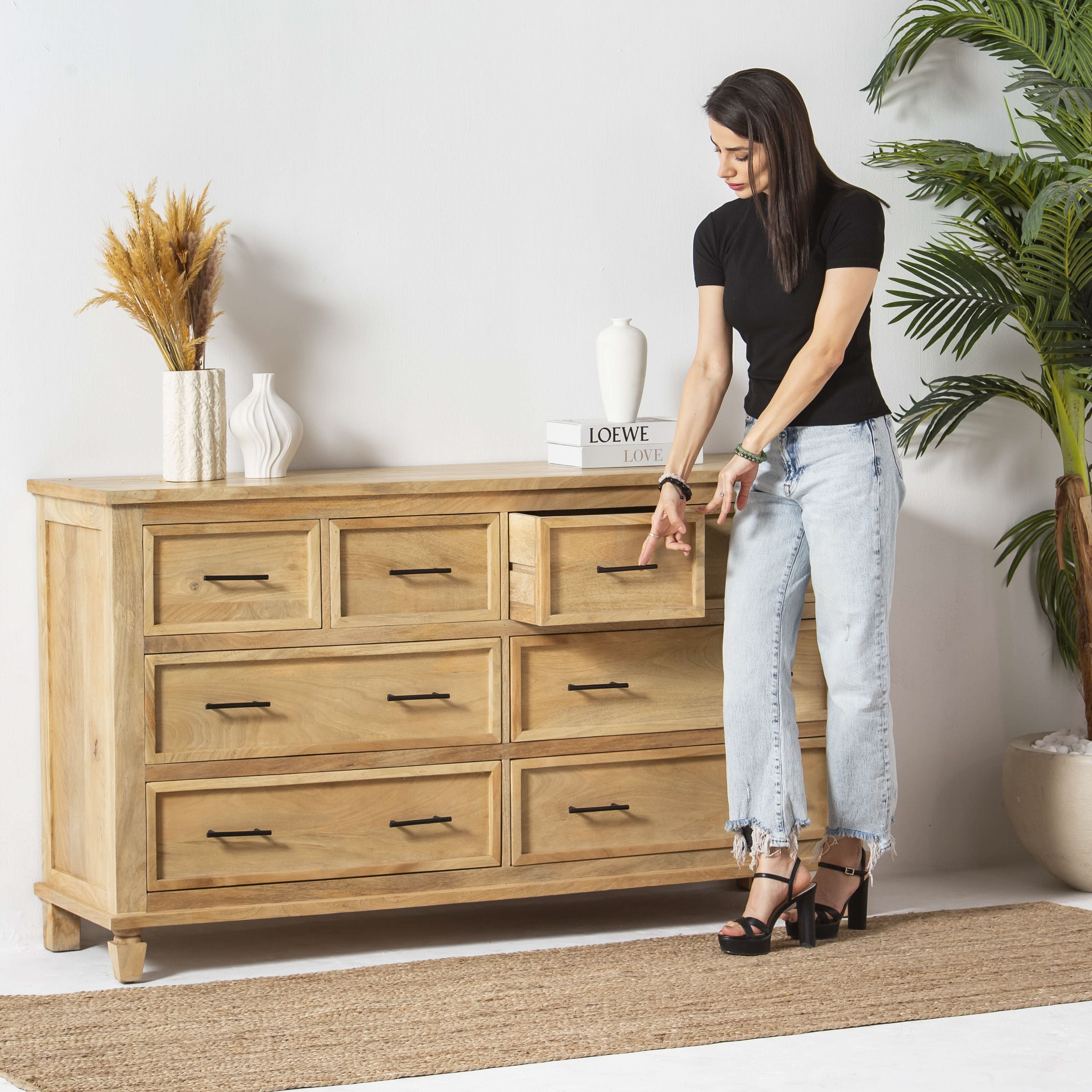 AUREVO EIGHT DRAWER PLAIN FINISH DRESSER - Art and craft furniture
