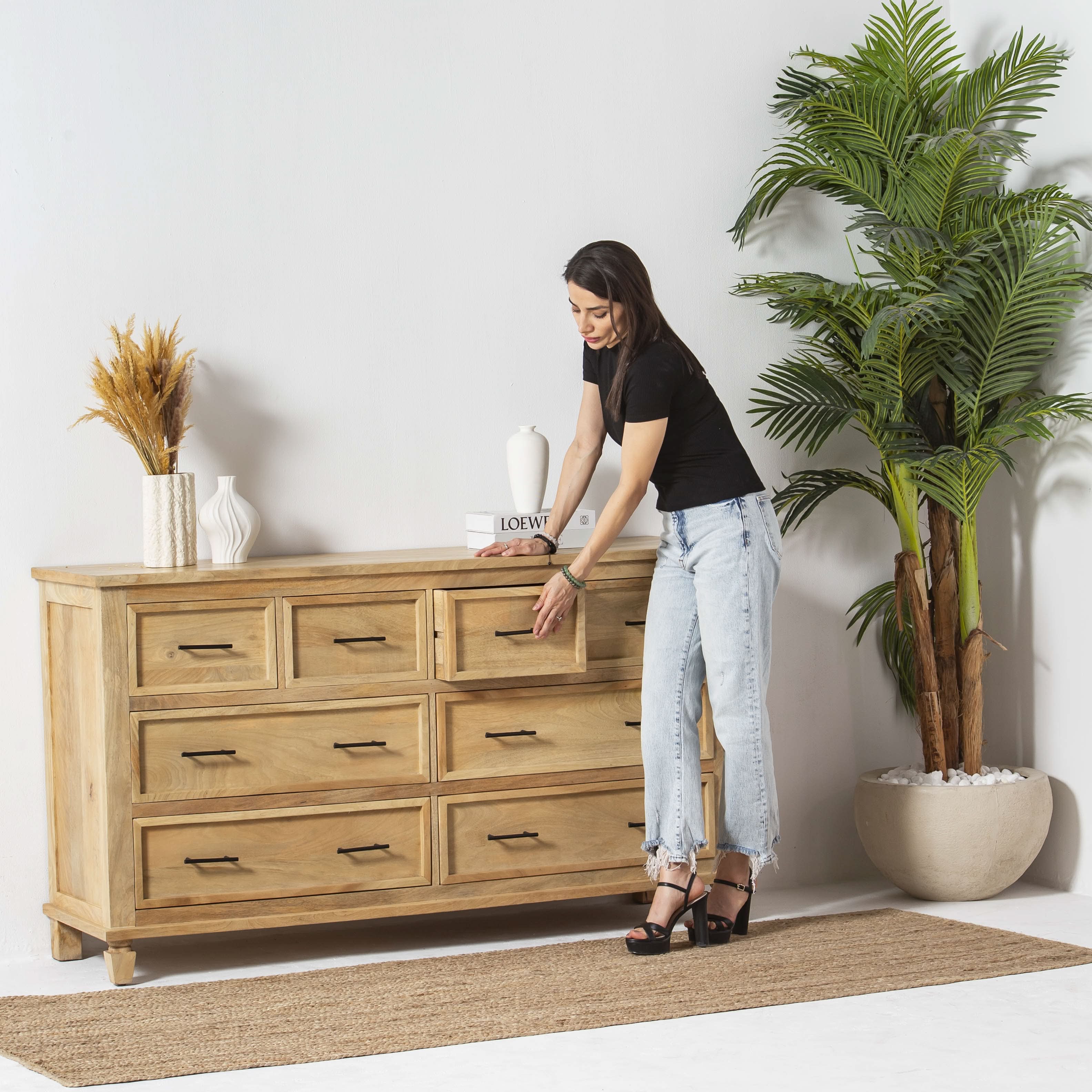 AUREVO EIGHT DRAWER PLAIN FINISH DRESSER - Art and craft furniture