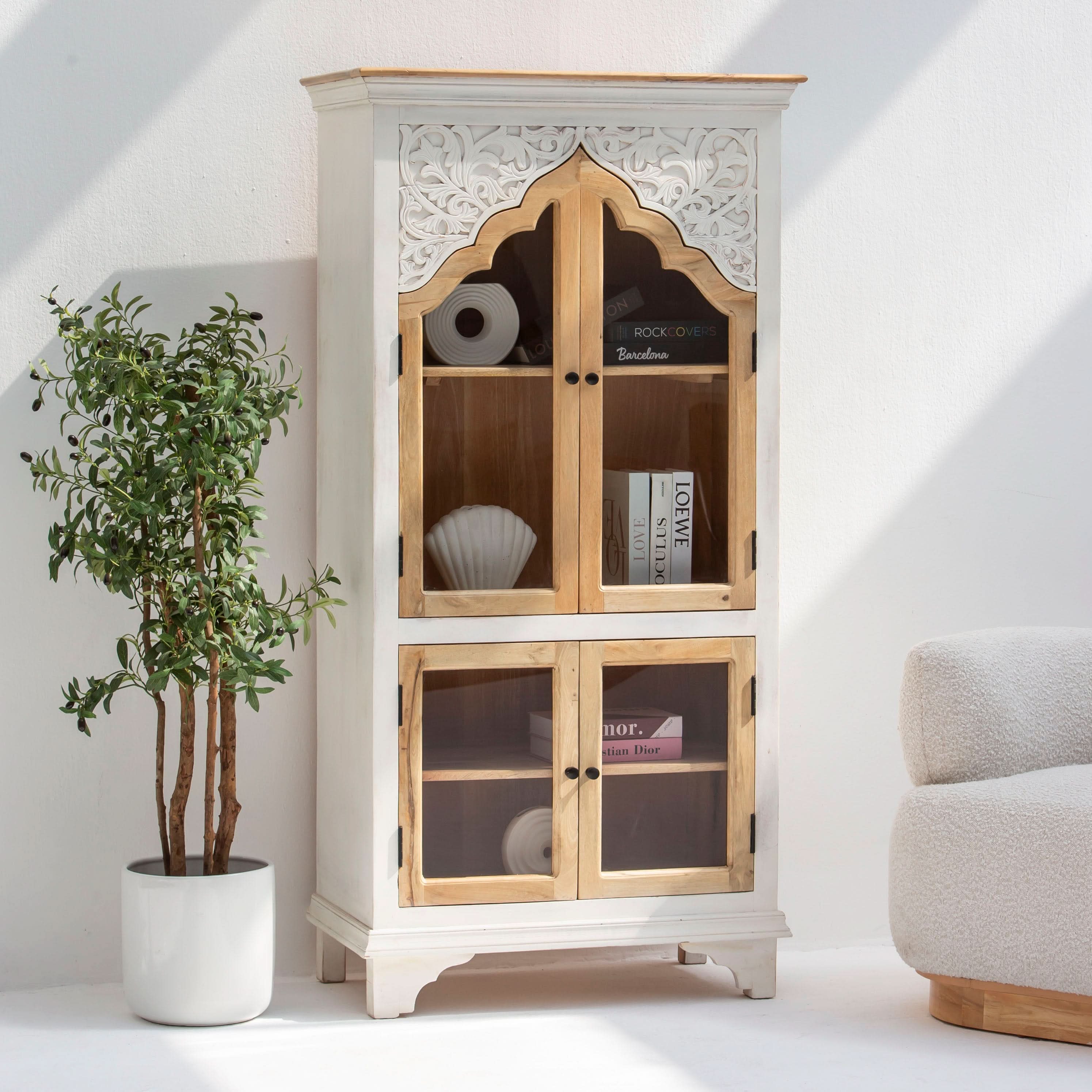HAVELI WOODEN GLASS CARVING CABINET - Art and craft furniture