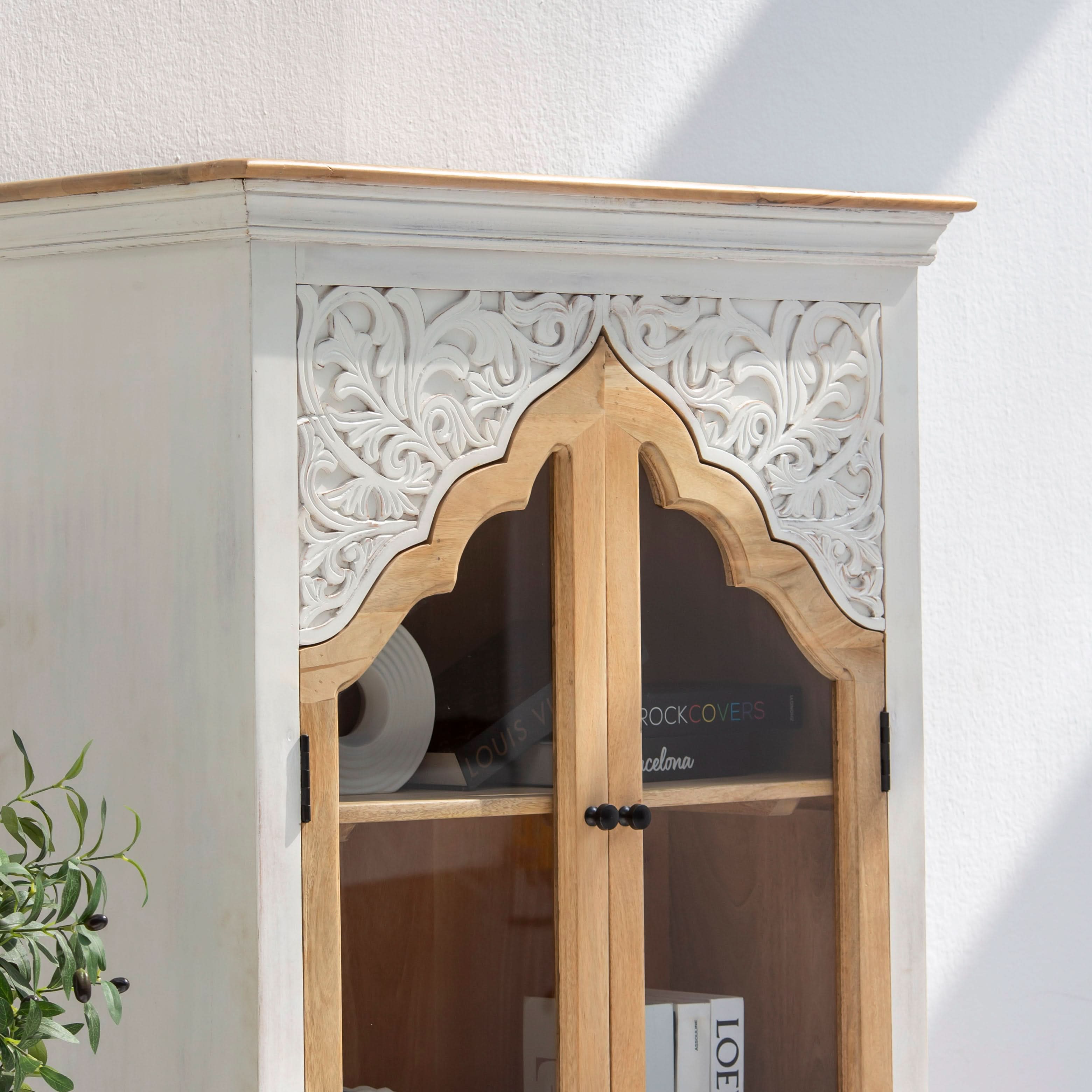 HAVELI WOODEN GLASS CARVING CABINET - Art and craft furniture