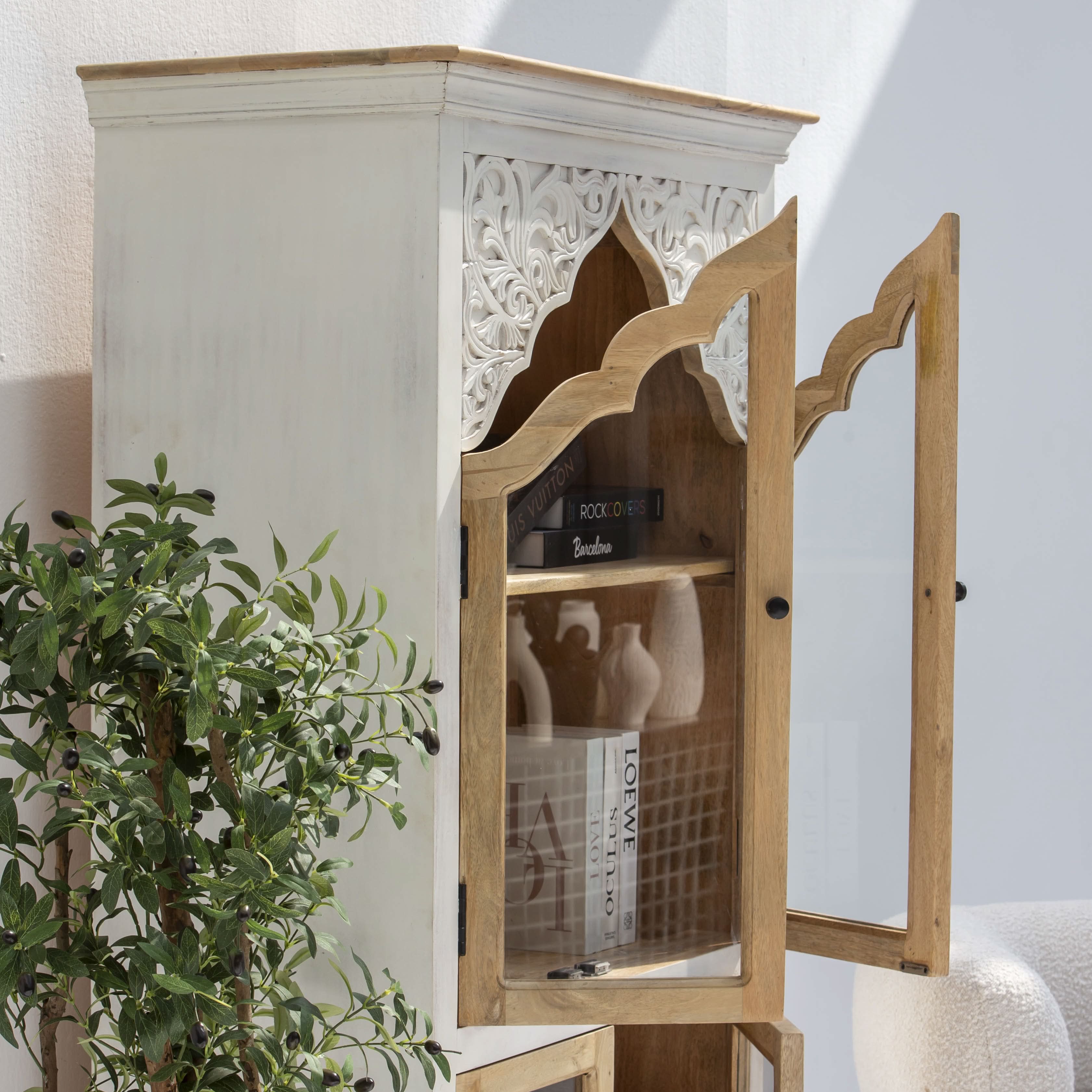 HAVELI WOODEN GLASS CARVING CABINET - Art and craft furniture