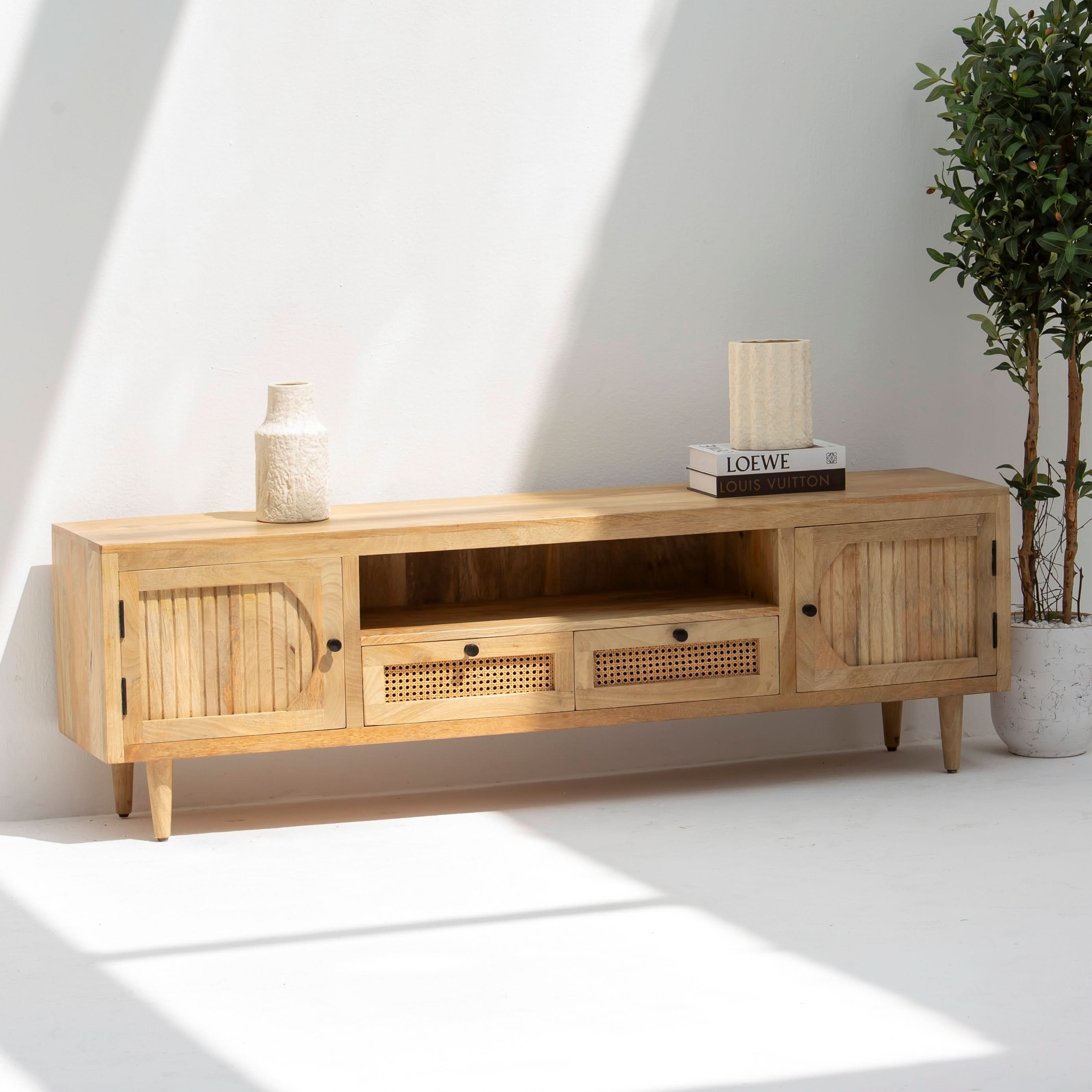MORRIS-CANE TWO WOODEN DOOR TWO CANE DRAWER TV STAND - Art and craft furniture