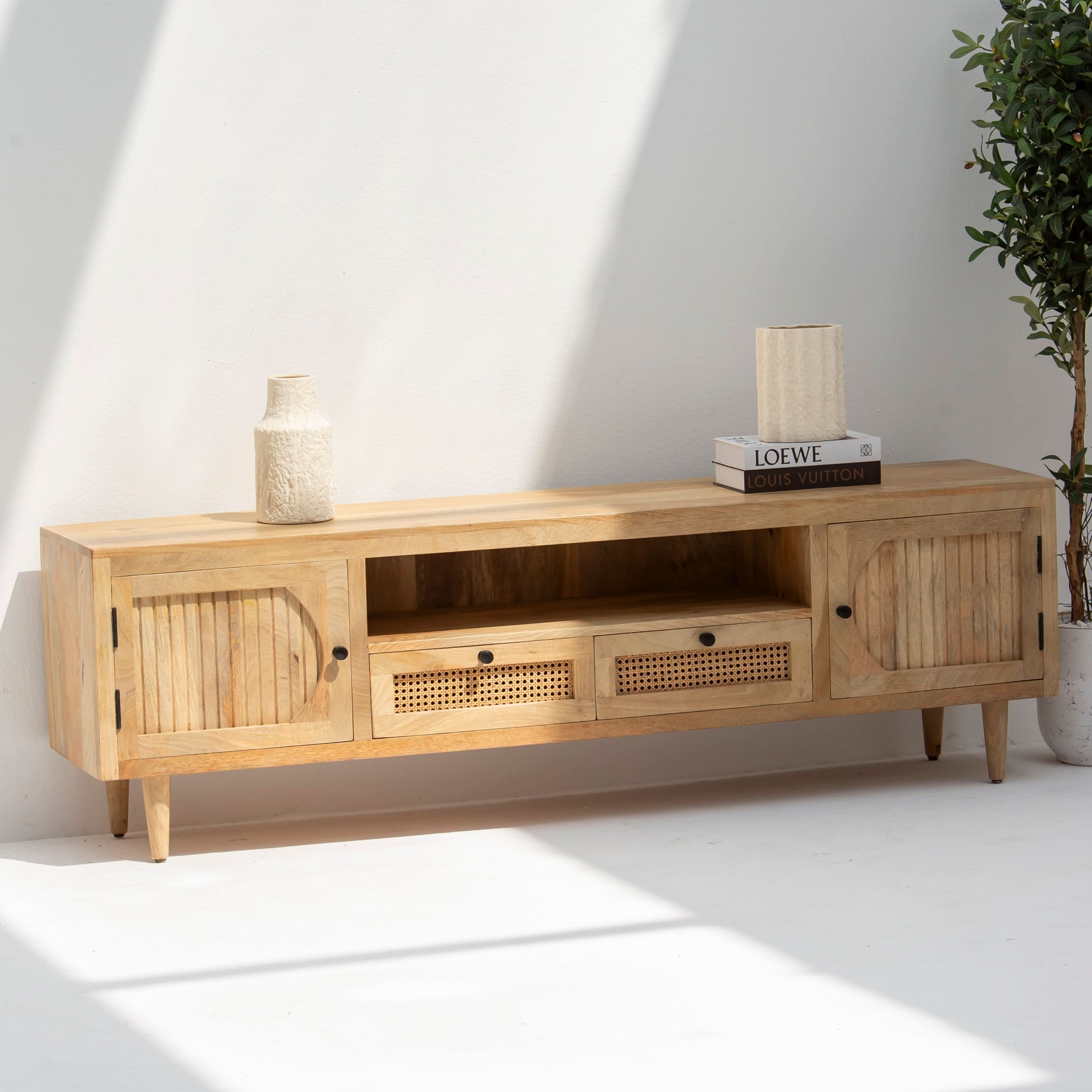MORRIS-CANE TWO WOODEN DOOR TWO CANE DRAWER TV STAND - Art and craft furniture