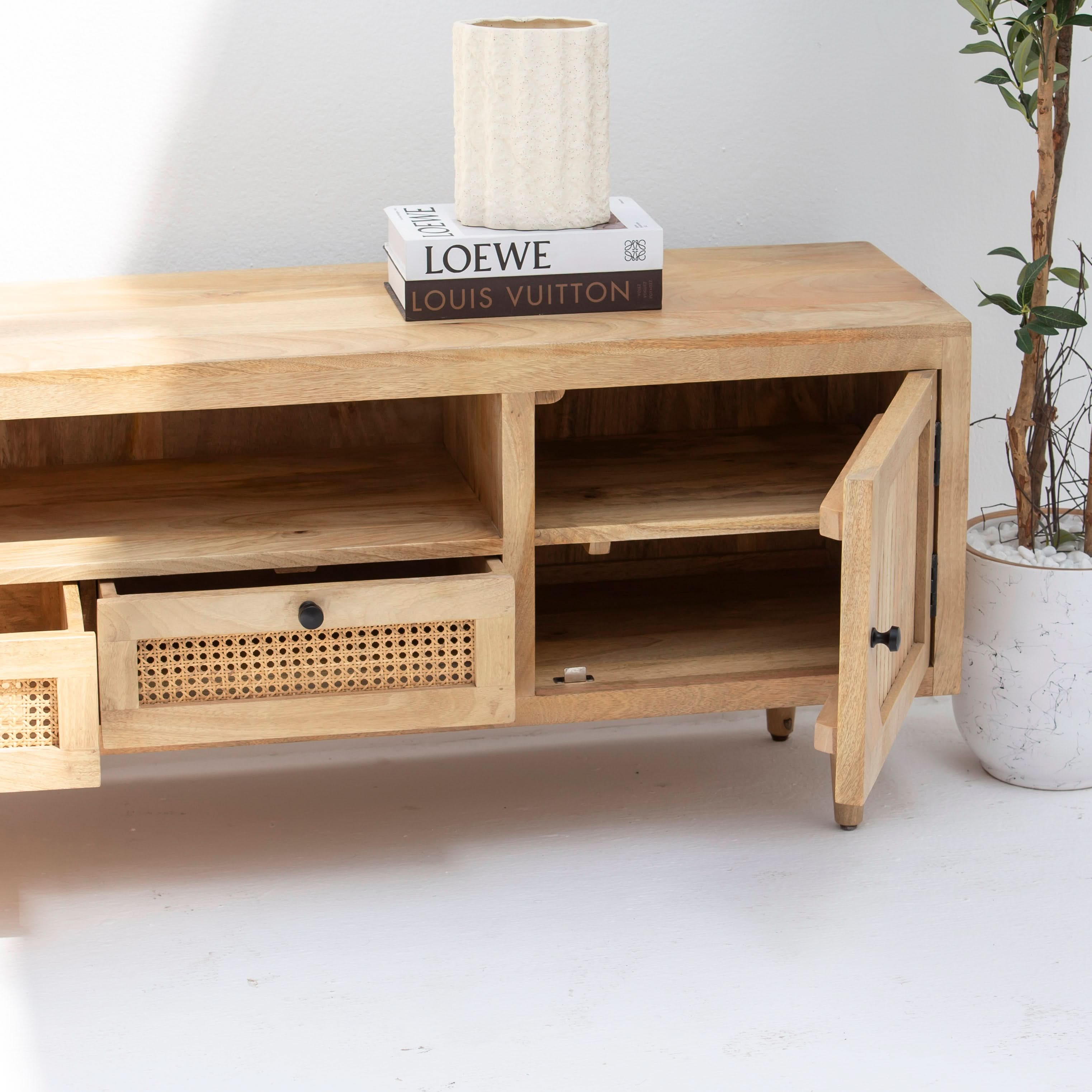 MORRIS-CANE TWO WOODEN DOOR TWO CANE DRAWER TV STAND - Art and craft furniture