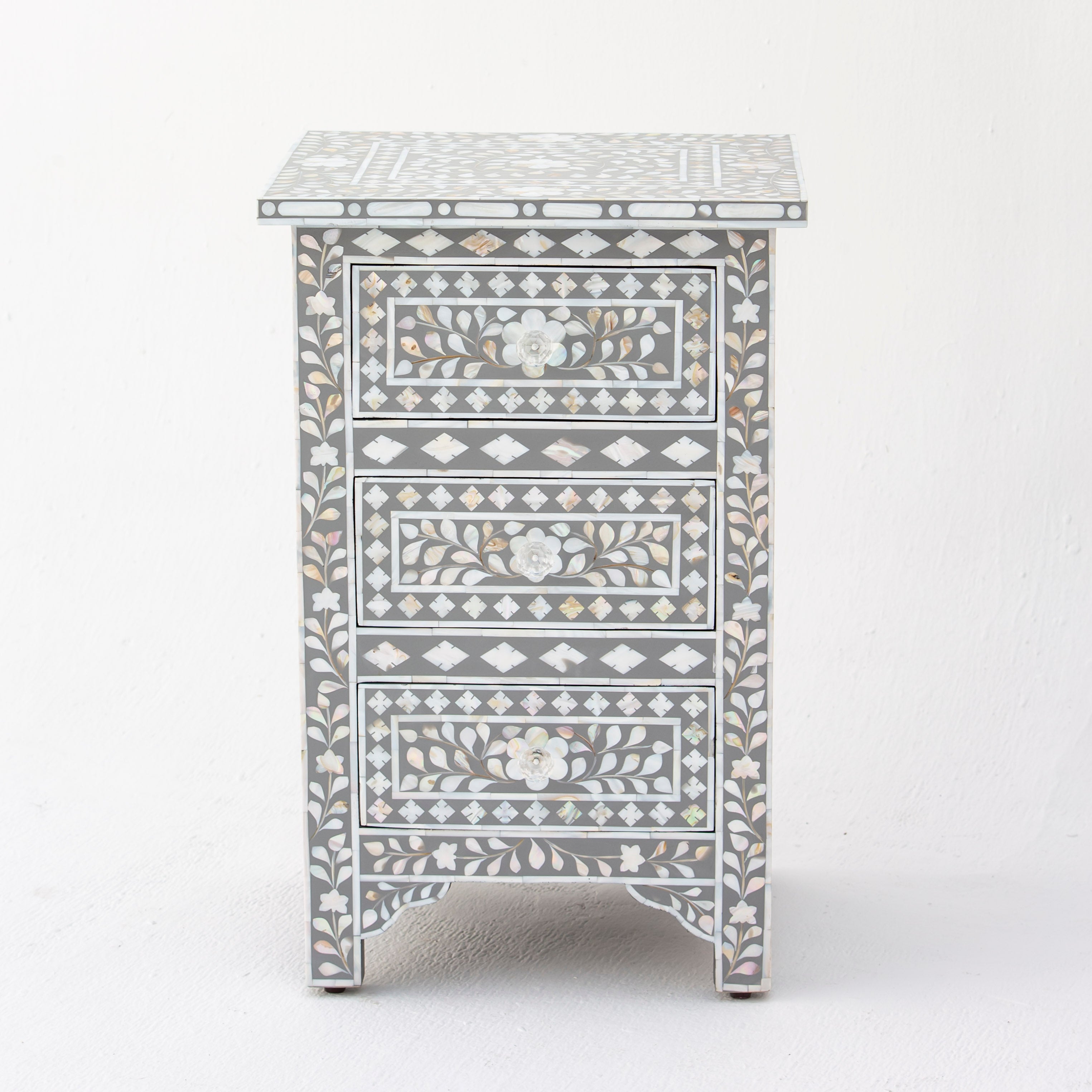 FLORAL-GREY MOTHER OF PEARL THREE DRAWER BEDSIDE TABLE - Art and craft furniture