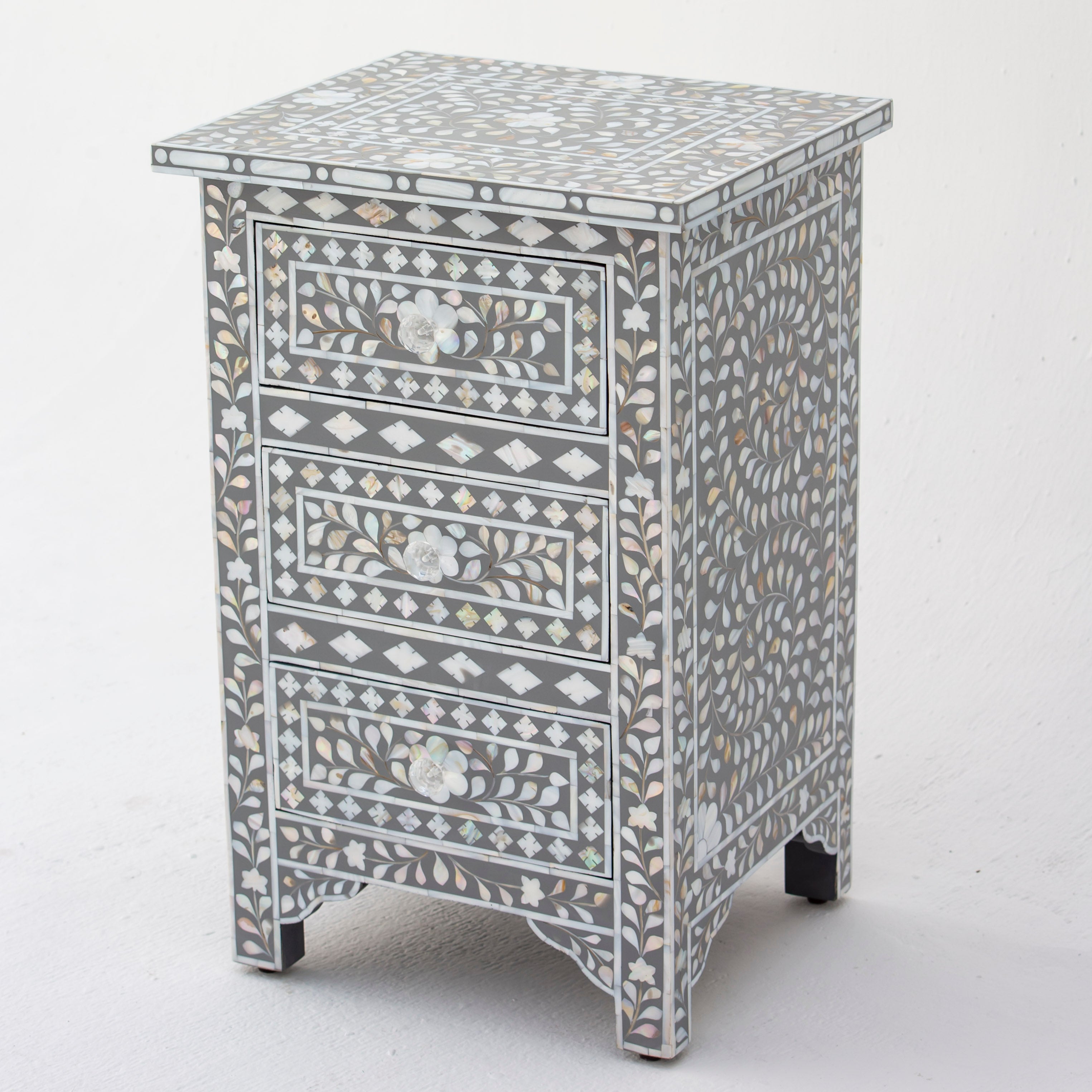 FLORAL-GREY MOTHER OF PEARL THREE DRAWER BEDSIDE TABLE - Art and craft furniture