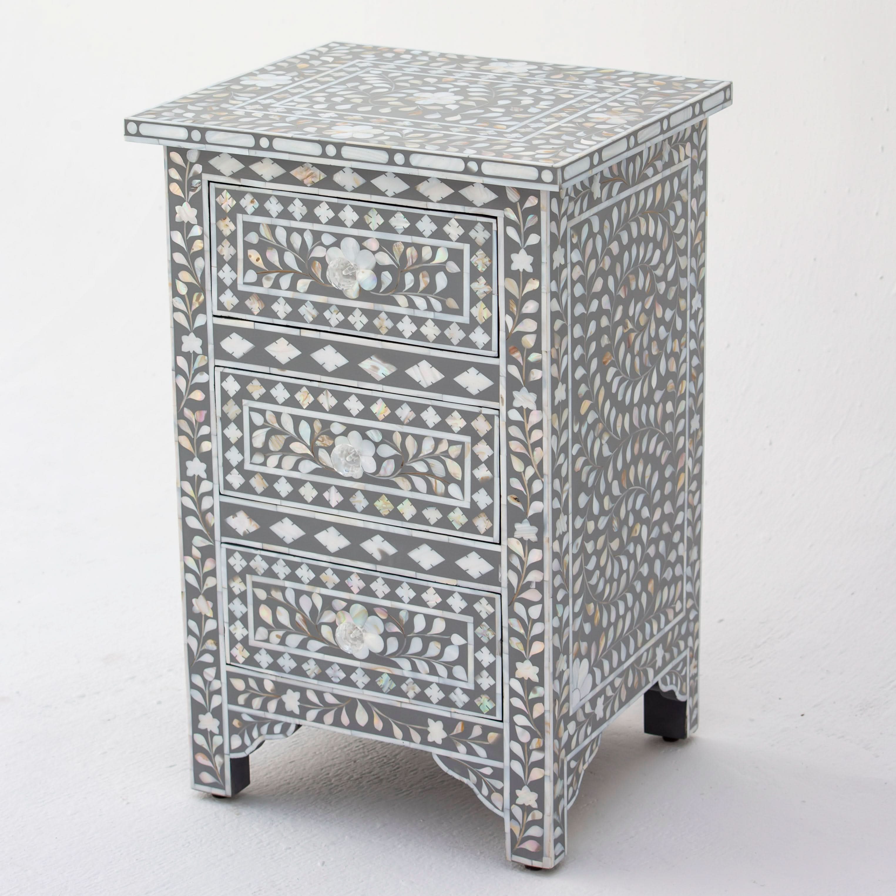 FLORAL-GREY MOTHER OF PEARL THREE DRAWER BEDSIDE TABLE - Art and craft furniture