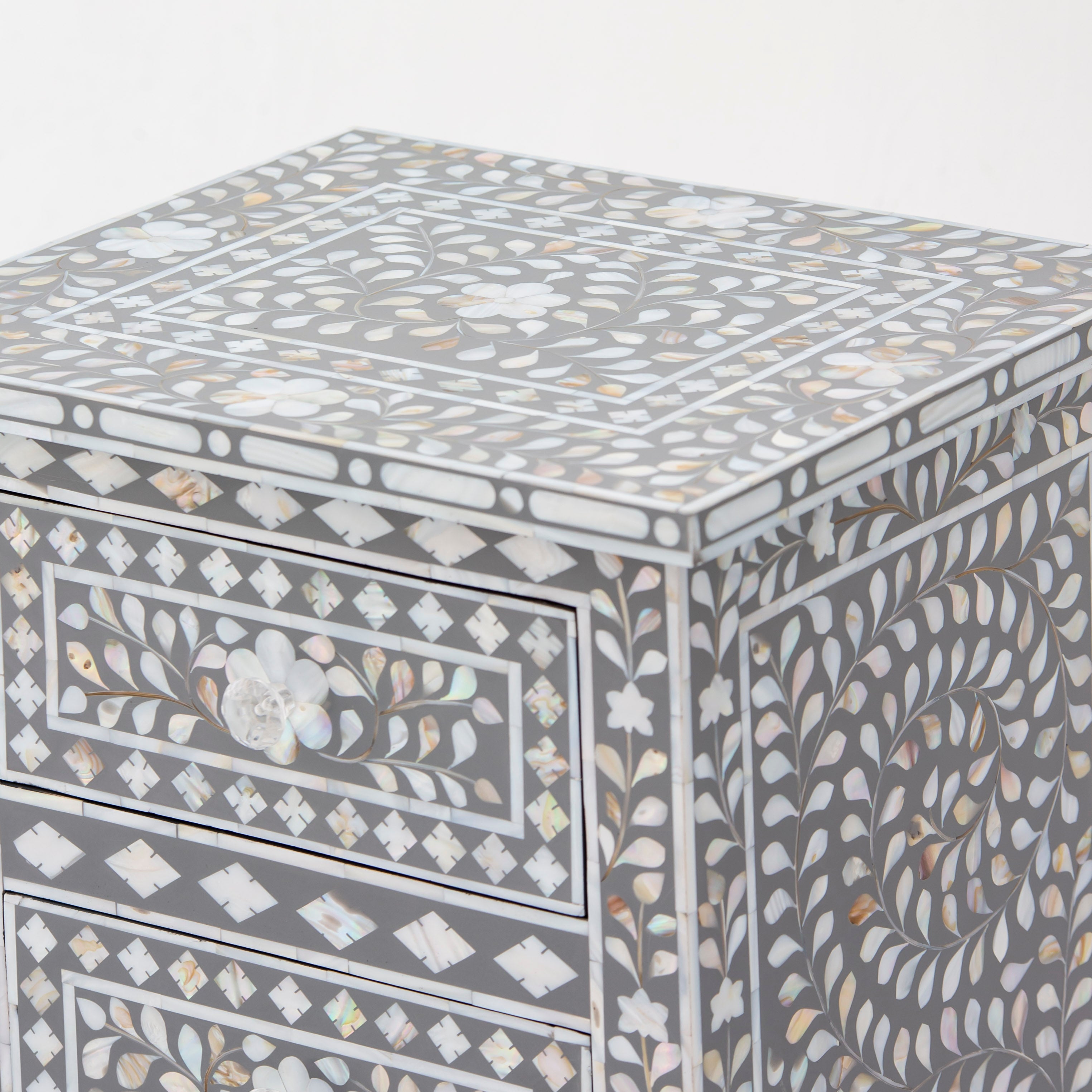FLORAL-GREY MOTHER OF PEARL THREE DRAWER BEDSIDE TABLE - Art and craft furniture