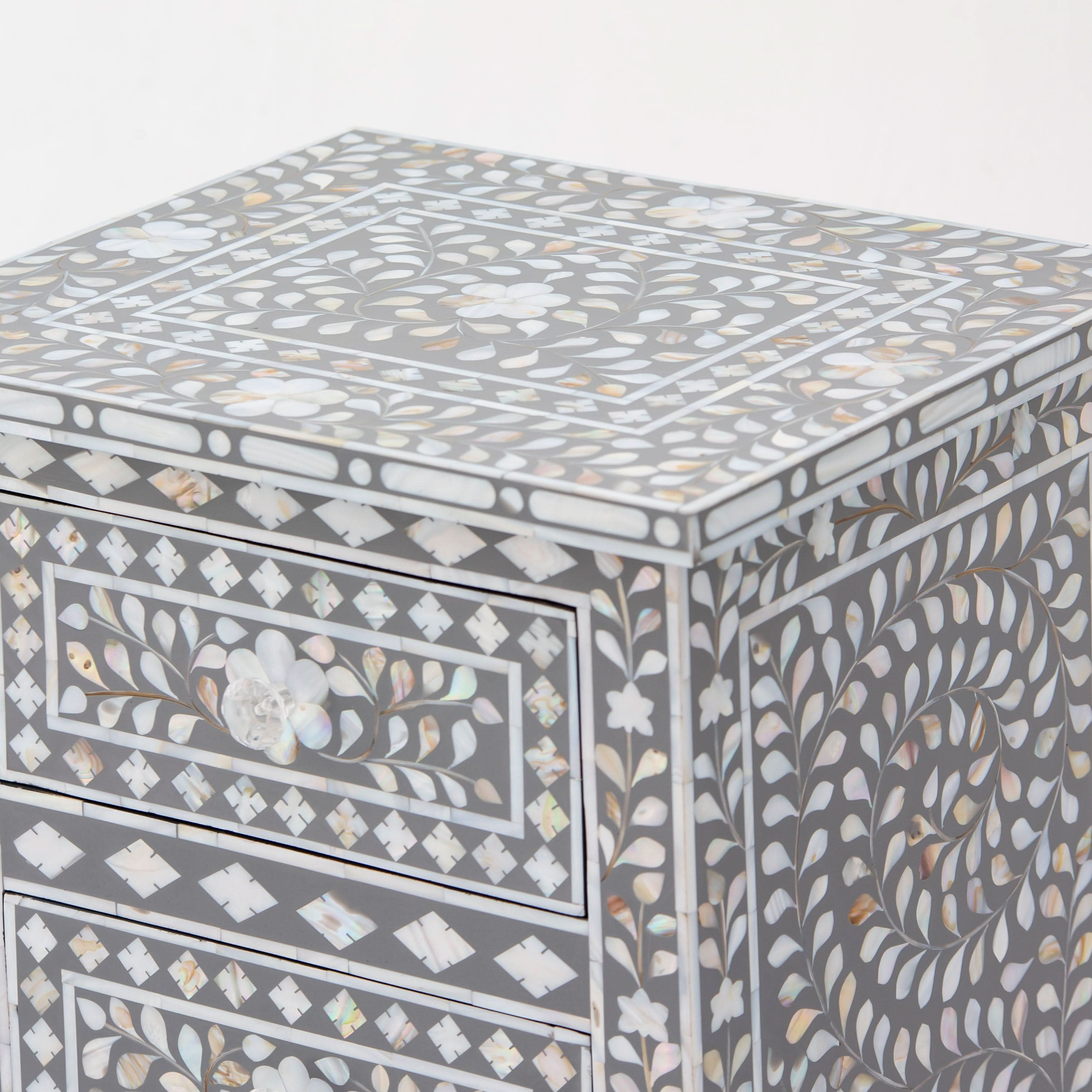 FLORAL-GREY MOTHER OF PEARL THREE DRAWER BEDSIDE TABLE - Art and craft furniture