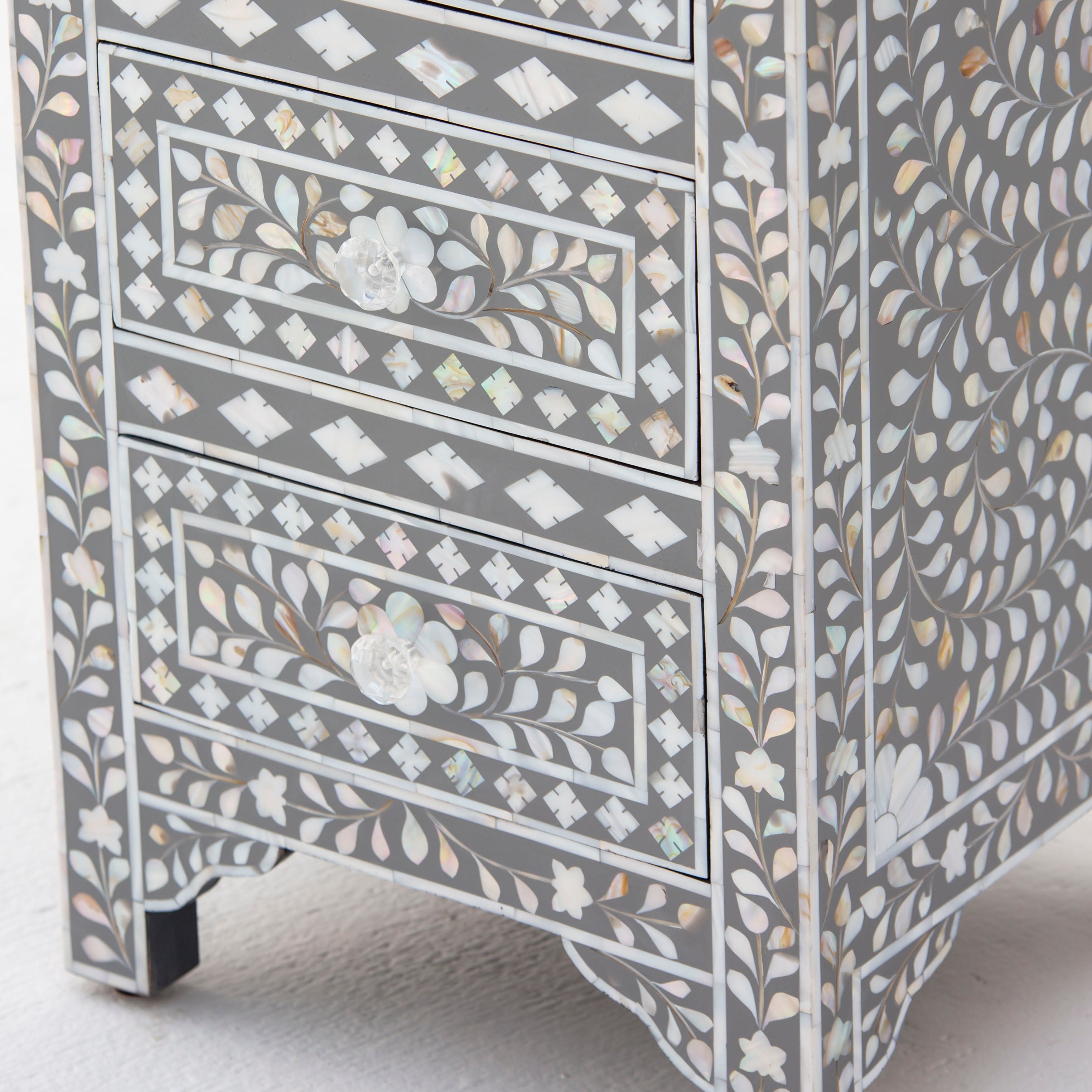 FLORAL-GREY MOTHER OF PEARL THREE DRAWER BEDSIDE TABLE - Art and craft furniture