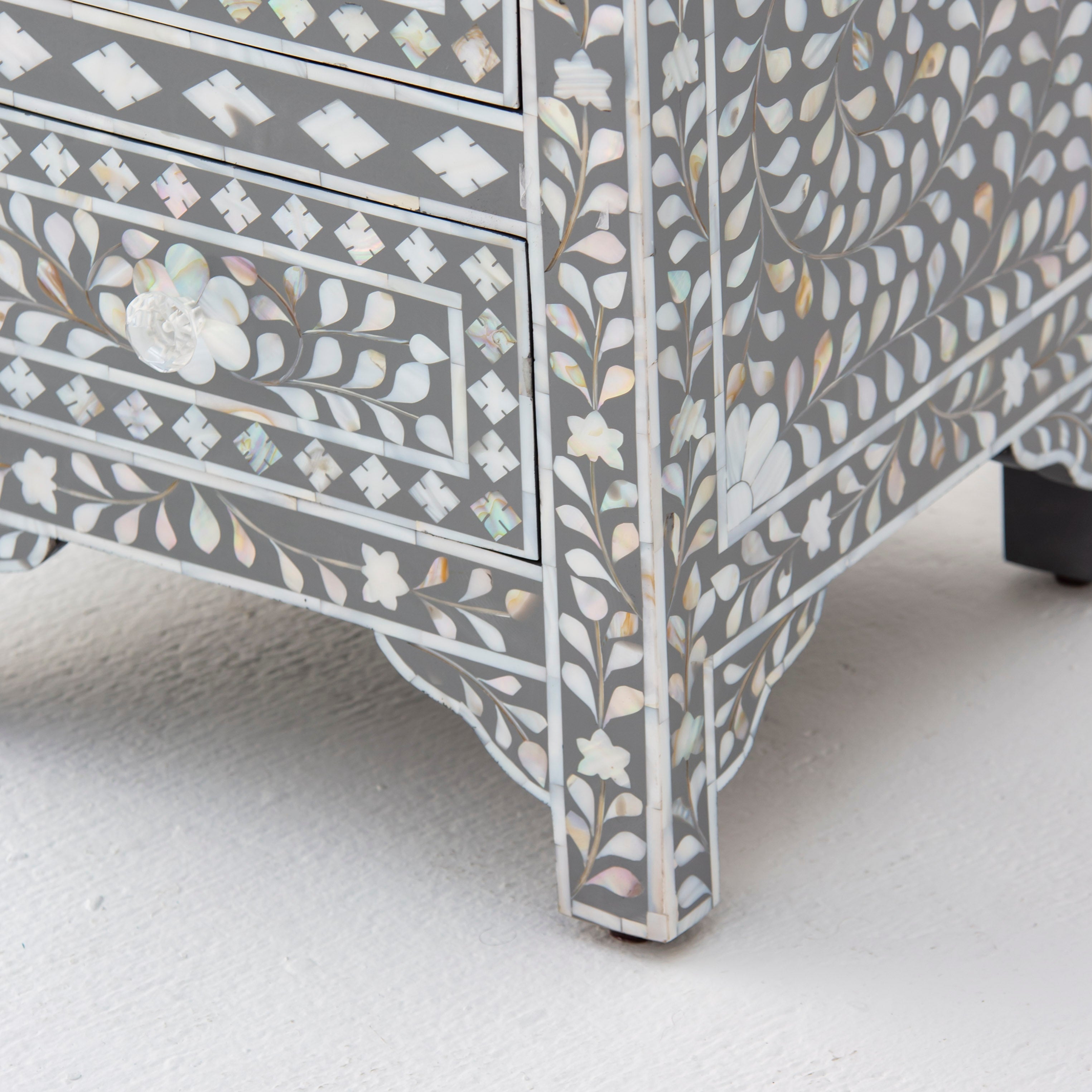 FLORAL-GREY MOTHER OF PEARL THREE DRAWER BEDSIDE TABLE - Art and craft furniture