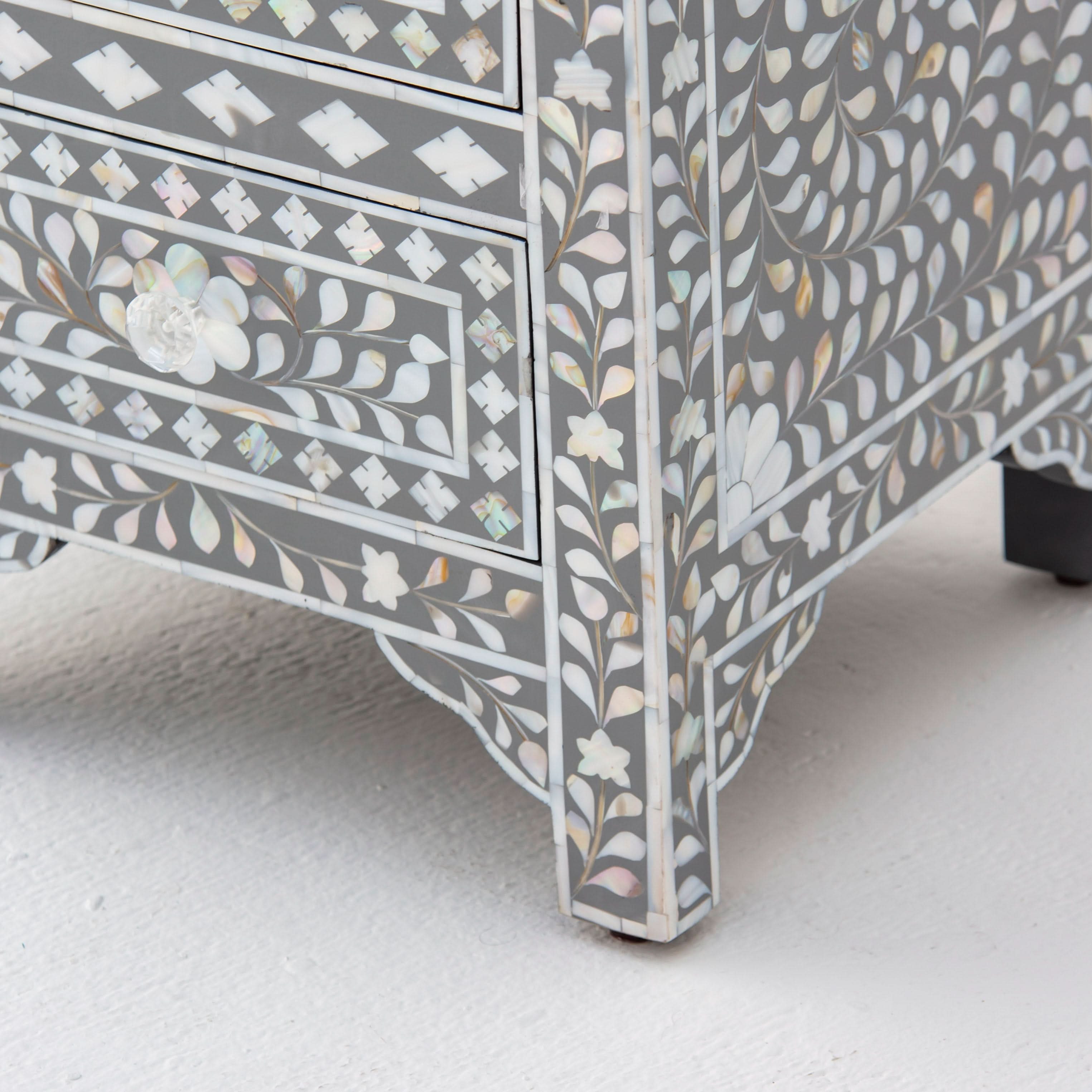 FLORAL-GREY MOTHER OF PEARL THREE DRAWER BEDSIDE TABLE - Art and craft furniture