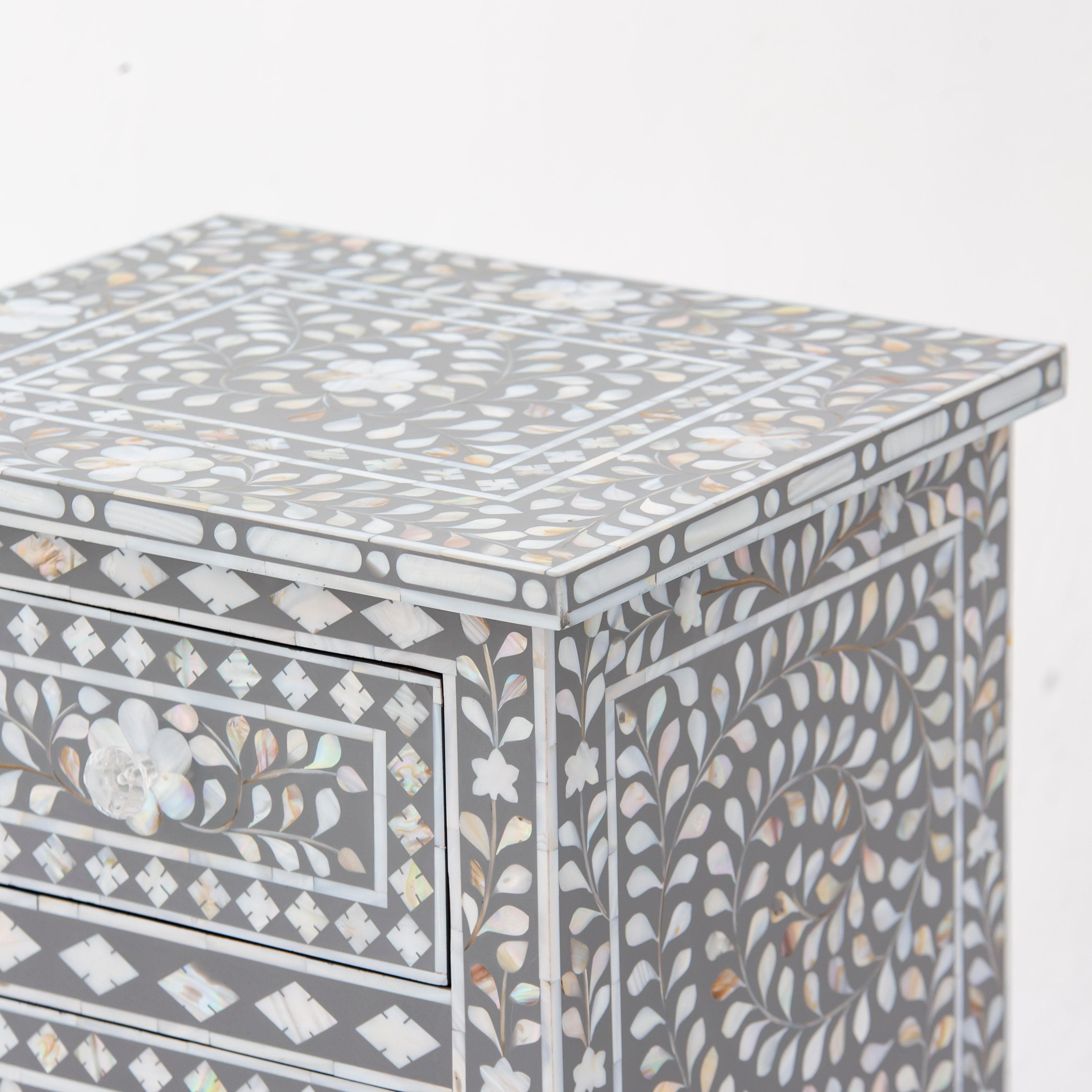 FLORAL-GREY MOTHER OF PEARL THREE DRAWER BEDSIDE TABLE - Art and craft furniture