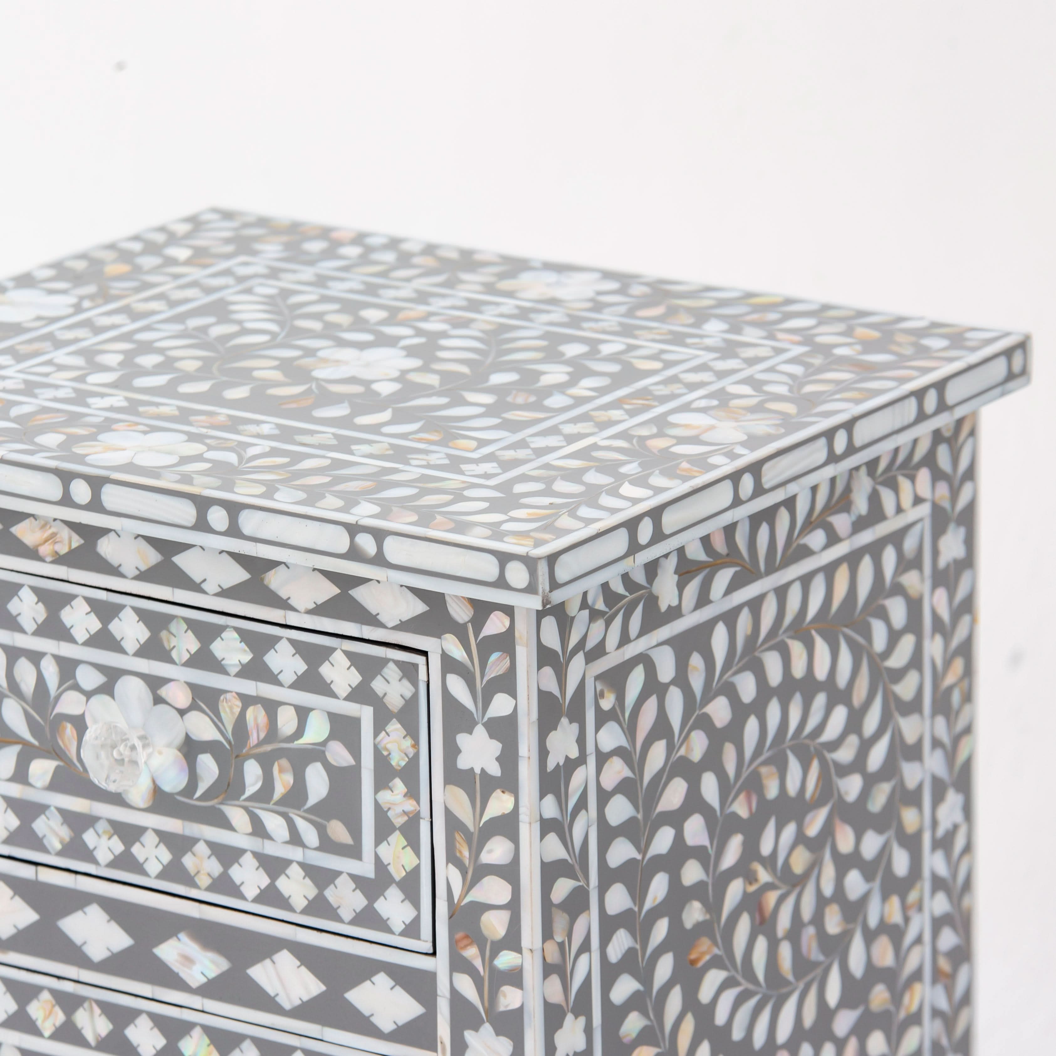 FLORAL-GREY MOTHER OF PEARL THREE DRAWER BEDSIDE TABLE - Art and craft furniture