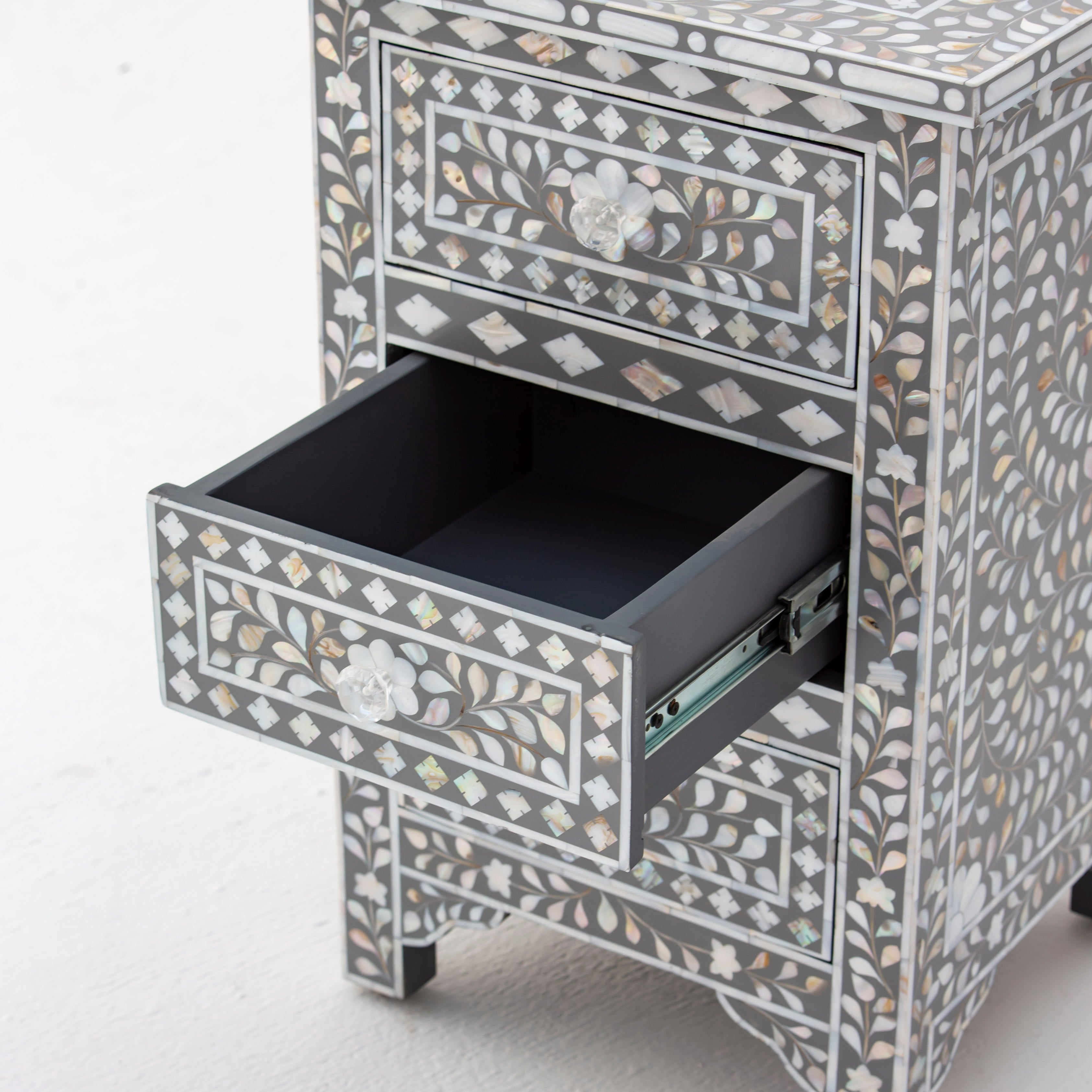 FLORAL-GREY MOTHER OF PEARL THREE DRAWER BEDSIDE TABLE - Art and craft furniture