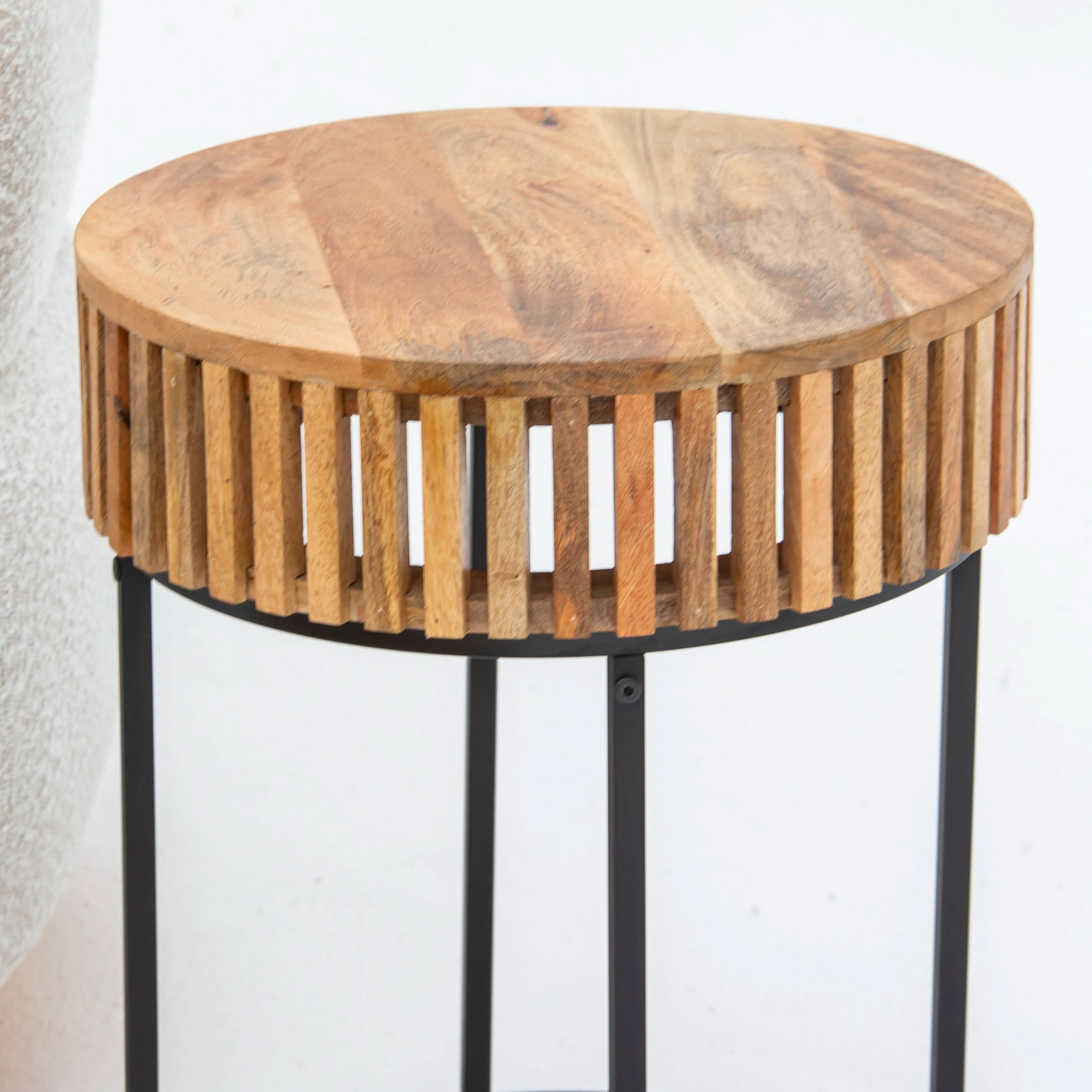 MONTERA WOODEN ROUND SIDETABLE WITH METAL LEGS - Art and craft furniture