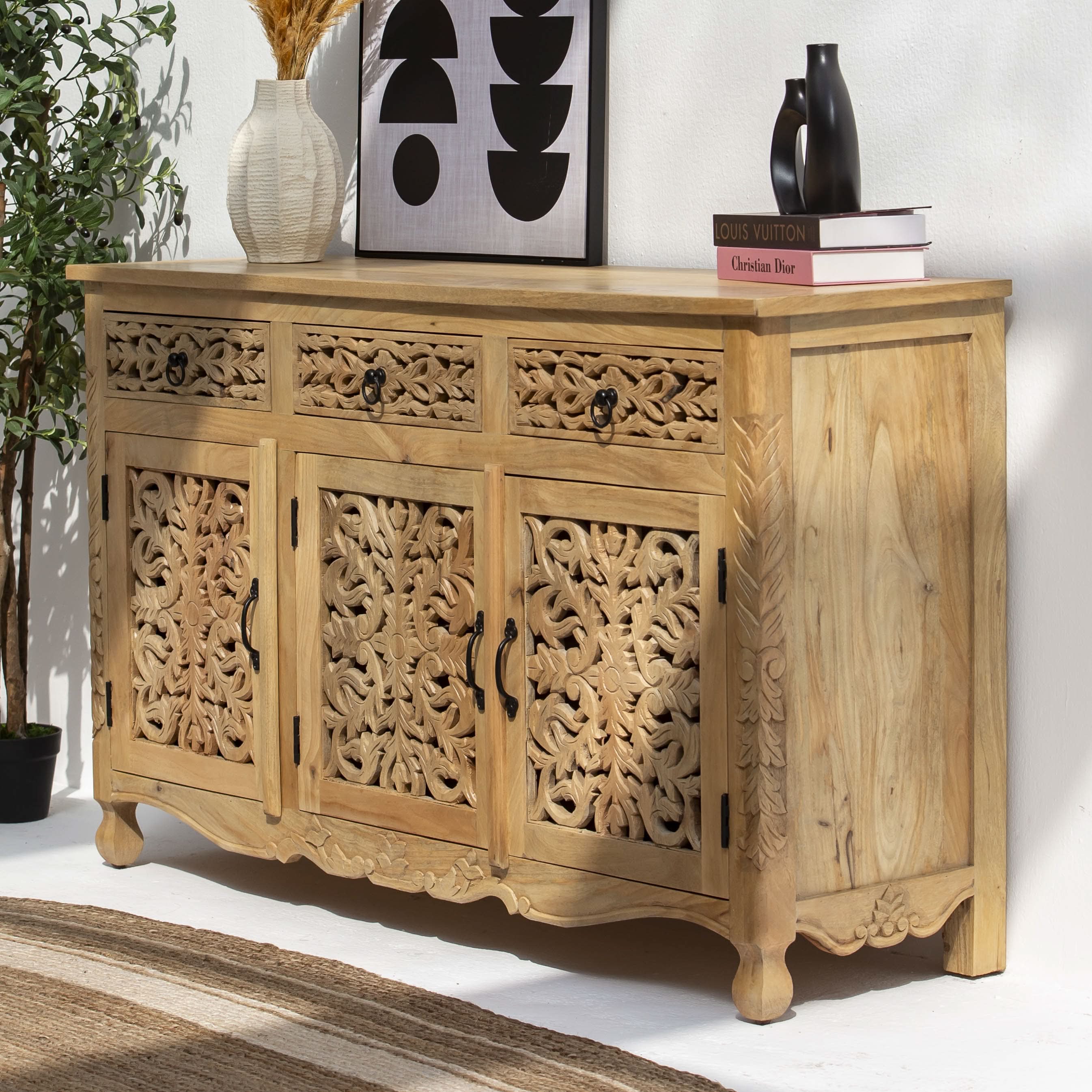 CARVING WOODEN THREE DRAWER THREE DOOR SIDEBOARD - Art and craft furniture